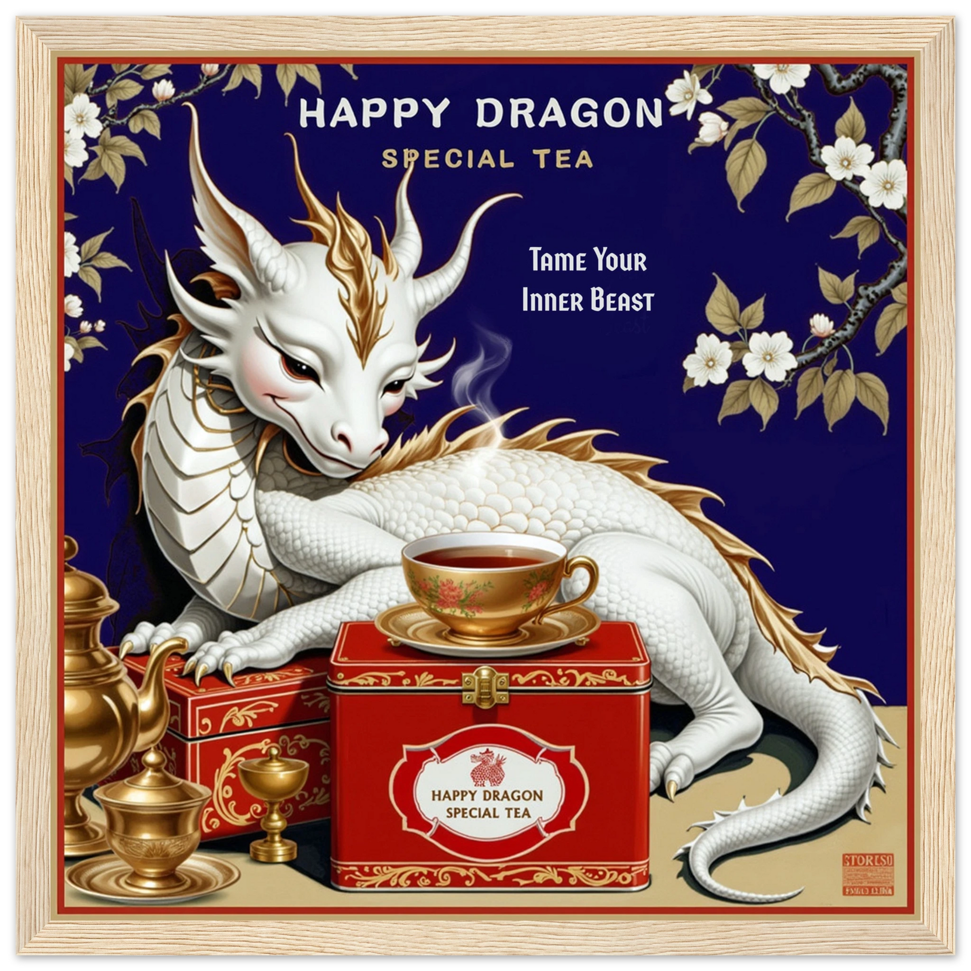 Happy Dragon Tea Art Print 30x30 cm 12x12″ Classic Matte Paper Wooden Framed Poster Light Wood Frame