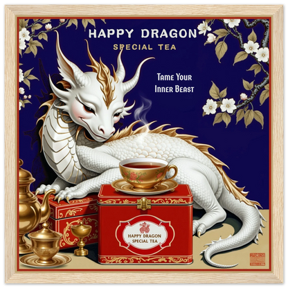 Happy Dragon Tea Art Print 30x30 cm 12x12″ Classic Matte Paper Wooden Framed Poster Light Wood Frame
