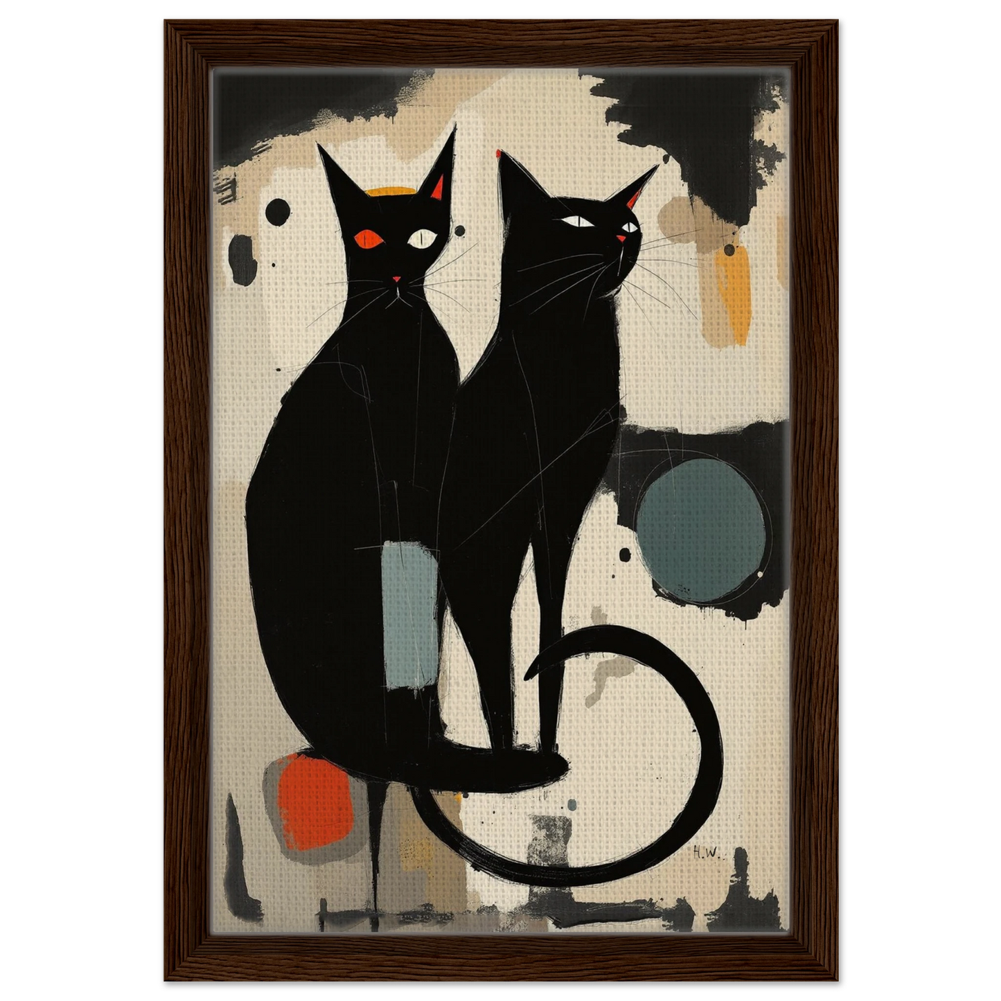 Abstract Crazy Cat Duo Art Print Dark Brown Wood Frame 30x45 cm 12x18″ Framed Canvas