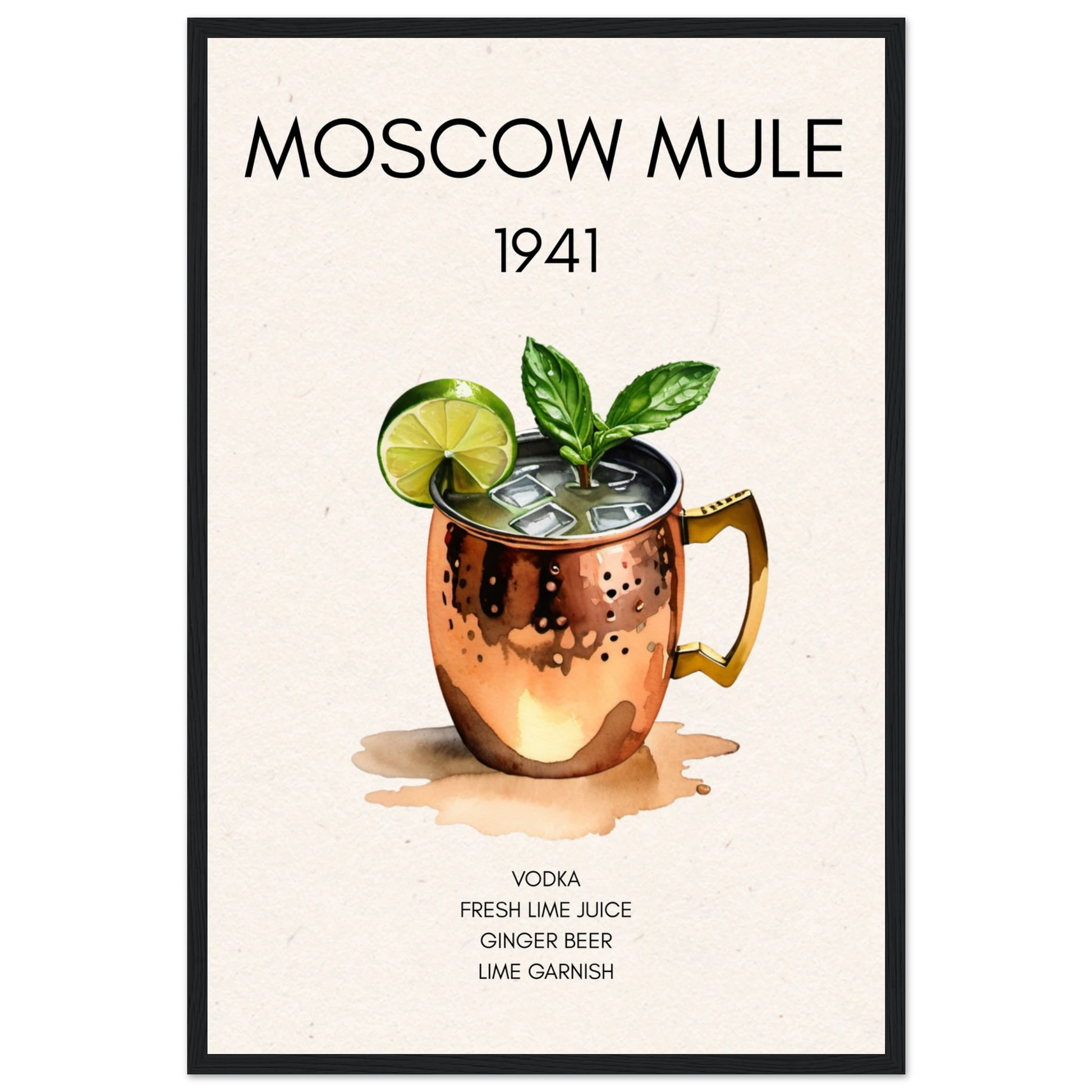 Moscow Mule Cocktail Bar Poster Print Black Wood Frame 40x60 cm 16x24″ Premium Matte Paper Wooden Framed Poster
