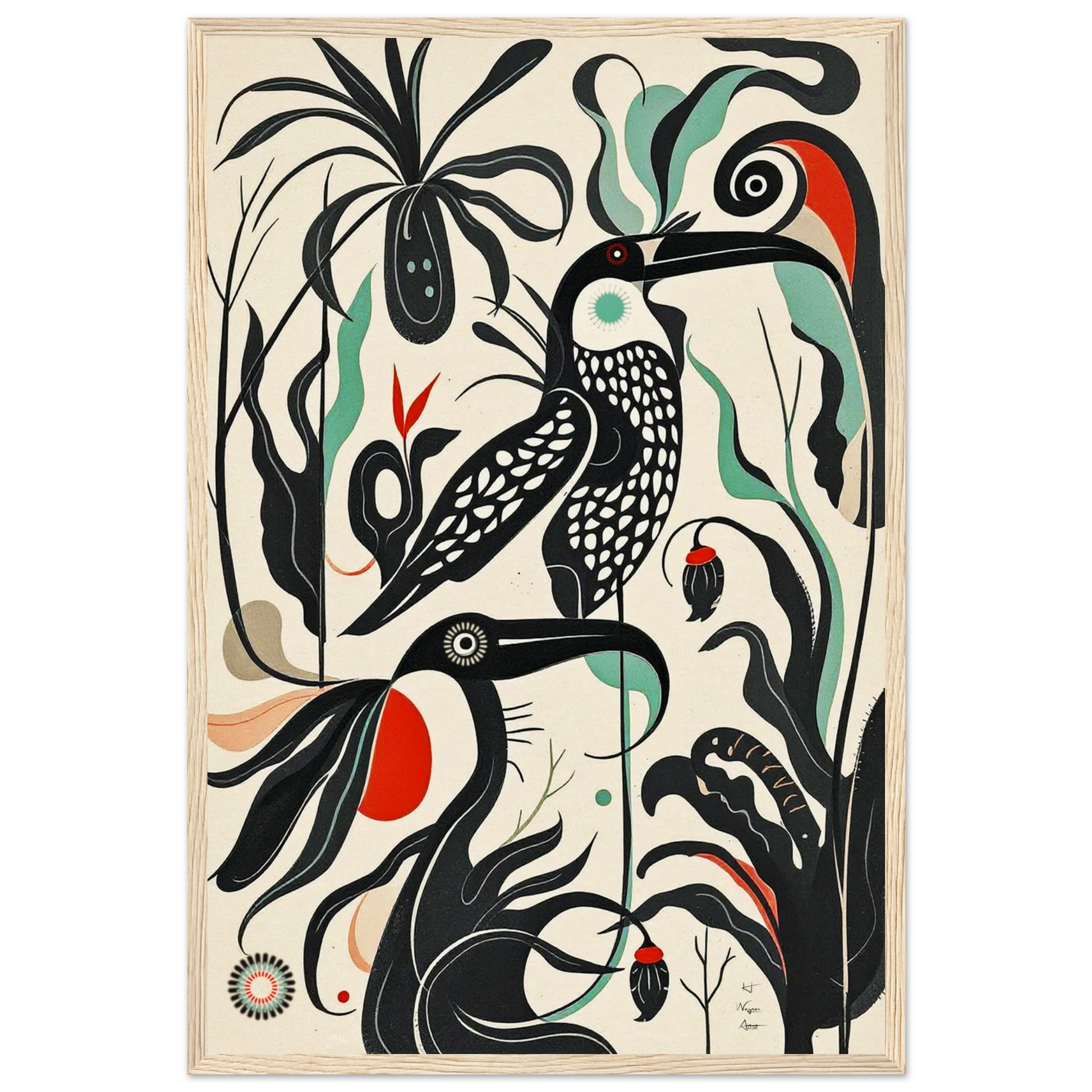Mid-Century Modern Tropical Bird Art Print Light Wood Frame 40x60 cm 16x24″ Museum-Quality Matte Wooden Framed Poster