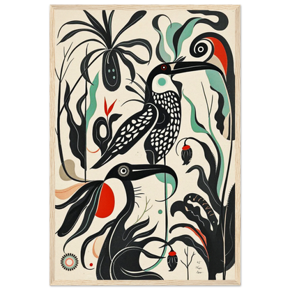 Mid-Century Modern Tropical Bird Art Print Light Wood Frame 40x60 cm 16x24″ Museum-Quality Matte Wooden Framed Poster