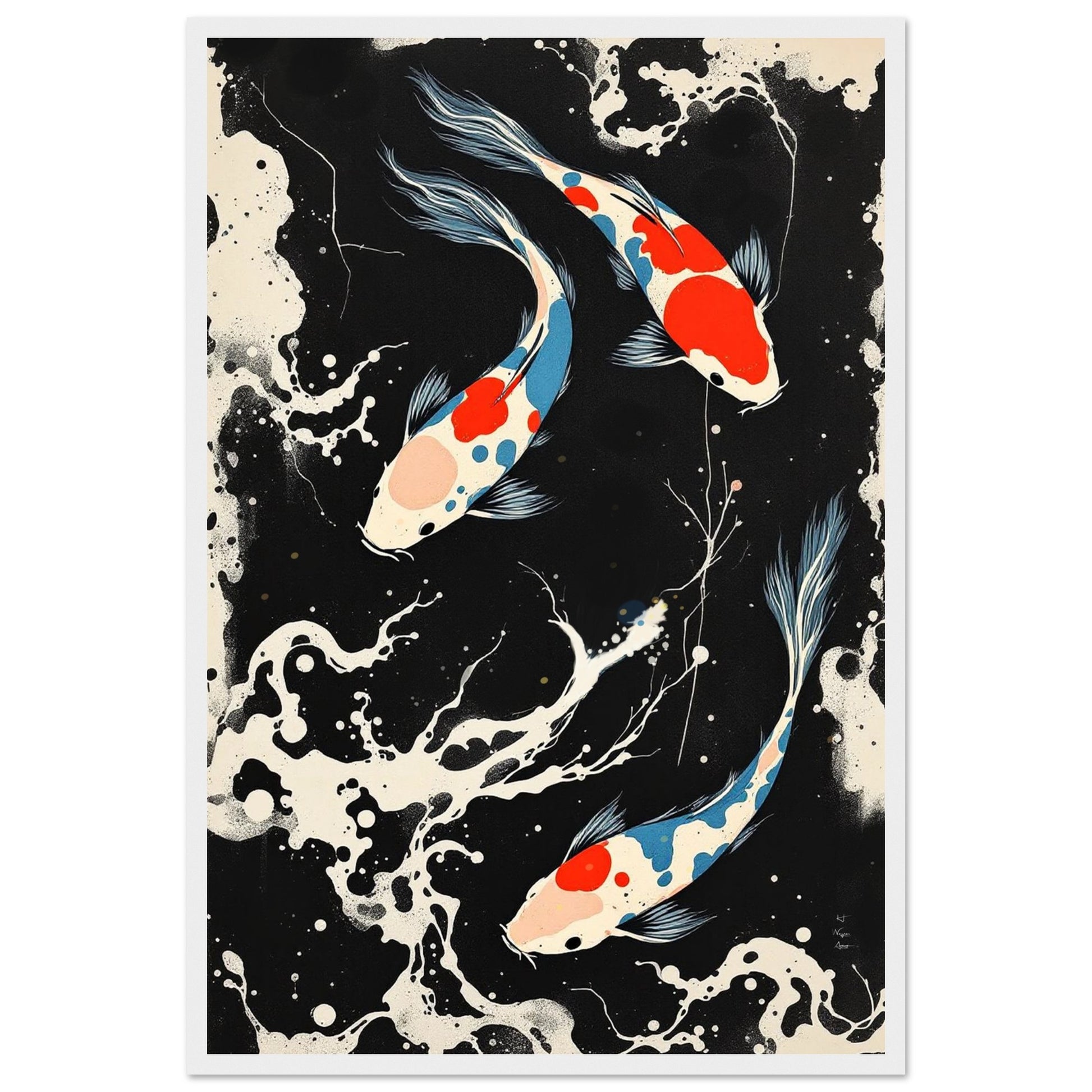 Modern Black White Koi Fish Ocean Art Print 40x60 cm 16x24″ Premium Matte Paper Wooden Framed Poster White Wood Frame
