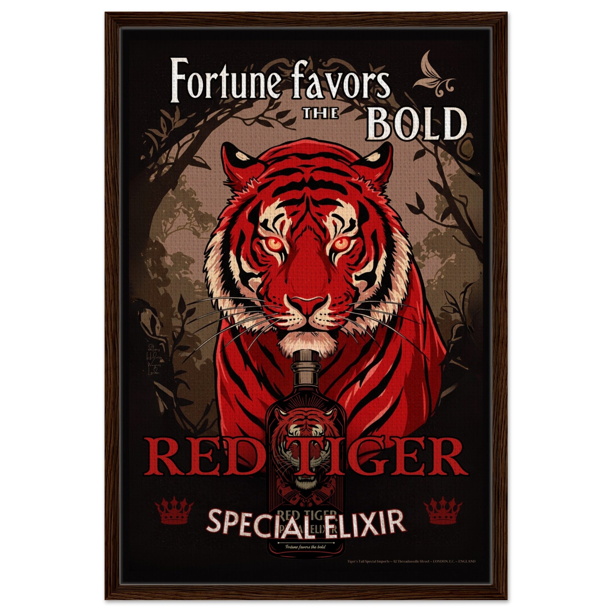 Tiger Cocktail Bar Art Poster Print 60x90 cm 24x36″ Framed Canvas Dark Brown Wood Frame