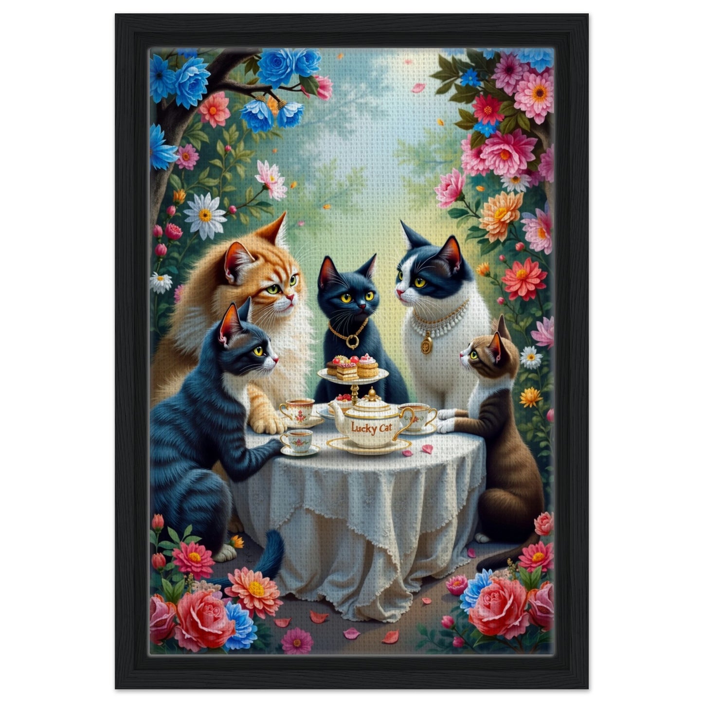 Lucky Cat Garden Tea Party Kitchen Art Print Black Wood Frame 30x45 cm 12x18″ Framed Canvas