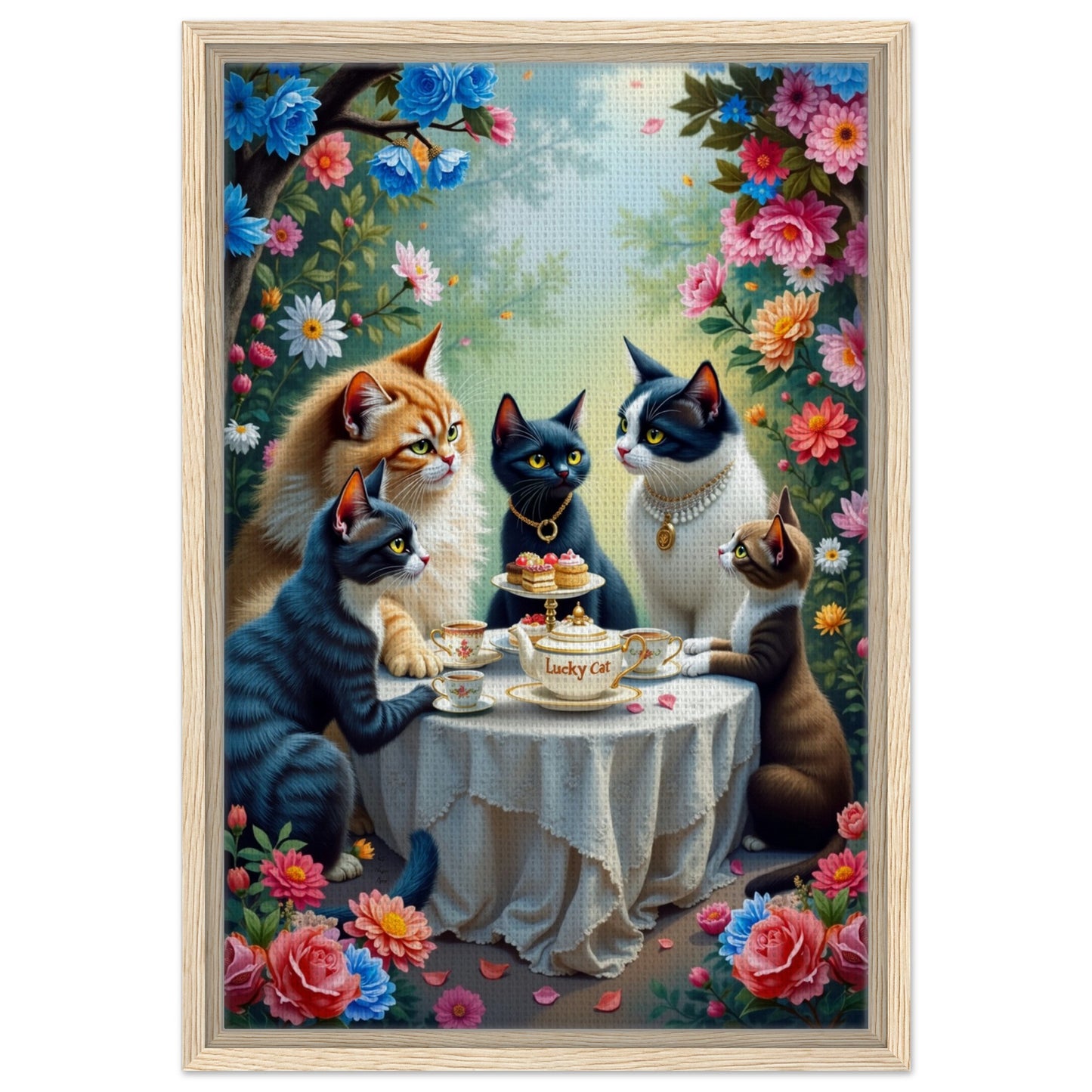 Lucky Cat Garden Tea Party Kitchen Art Print Light Wood Frame 40x60 cm 16x24″ Framed Canvas
