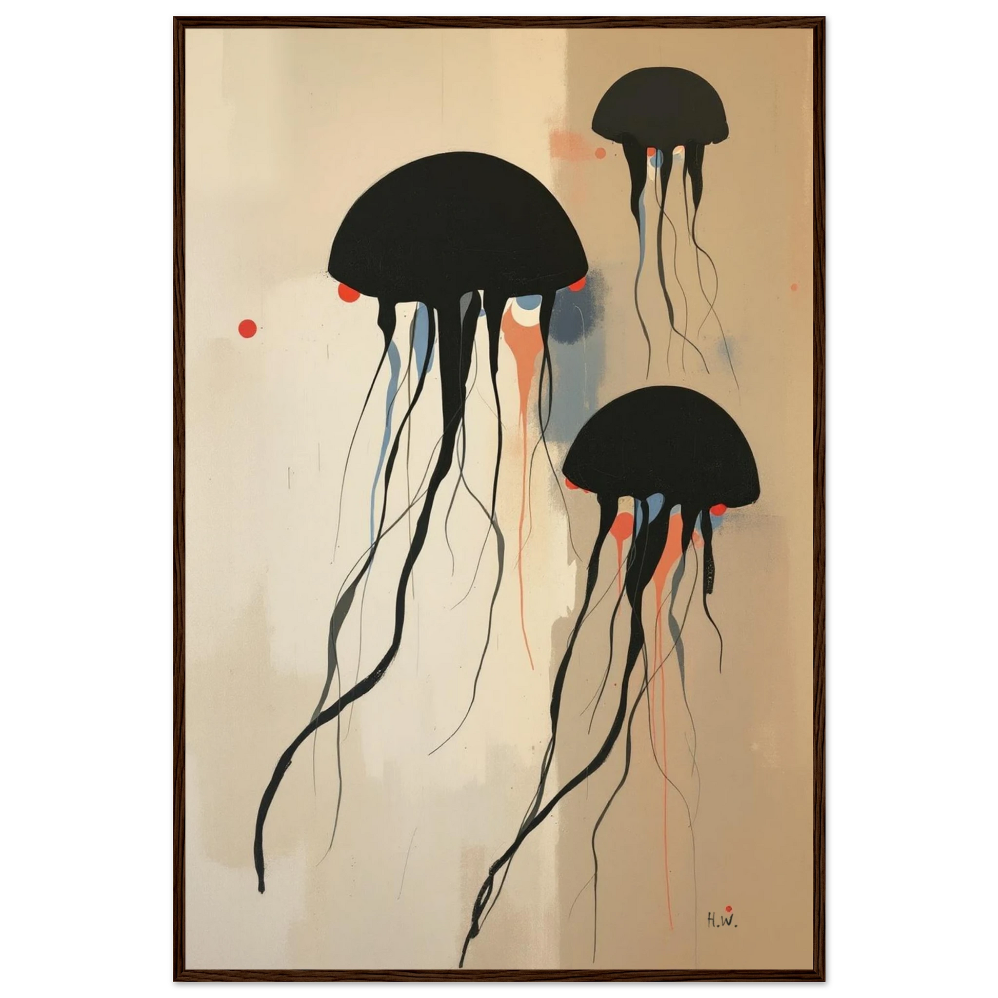 Minimalist Abstract Floating Jellyfish Art Print Dark Brown Wood Frame 60x90 cm 24x36″ Premium Matte Paper Wooden Framed Poster