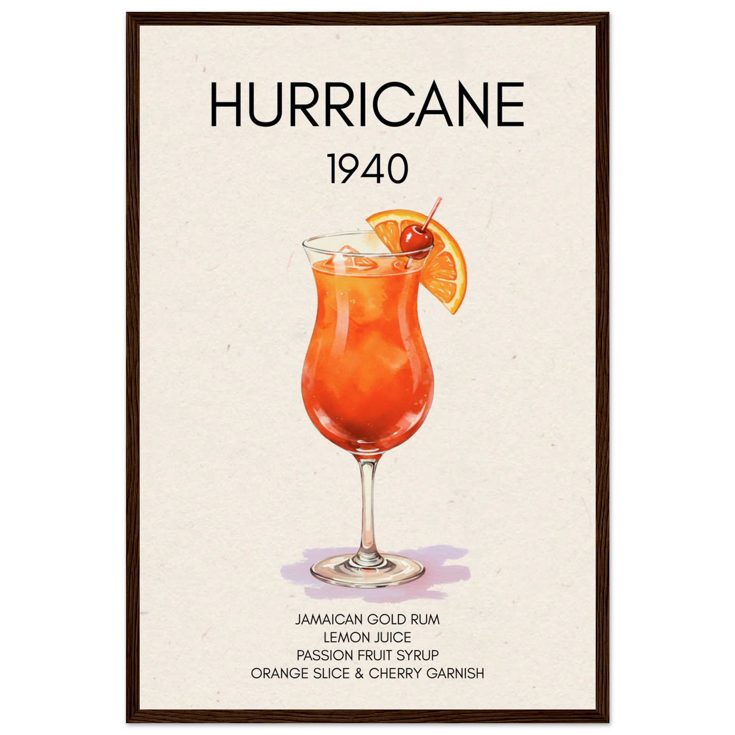 Hurricane Cocktail Bar Poster Print Dark Brown Wood Frame 40x60 cm 16x24″ Museum-Quality Matte Paper Wooden Framed Poster