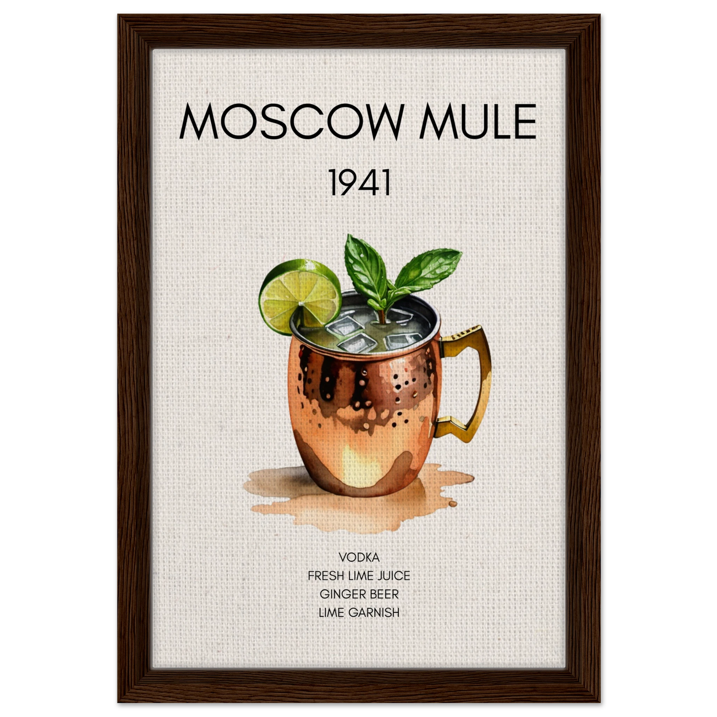 Moscow Mule Cocktail Bar Poster Print Dark Brown Wood Frame 30x45 cm 12x18″ Framed Canvas