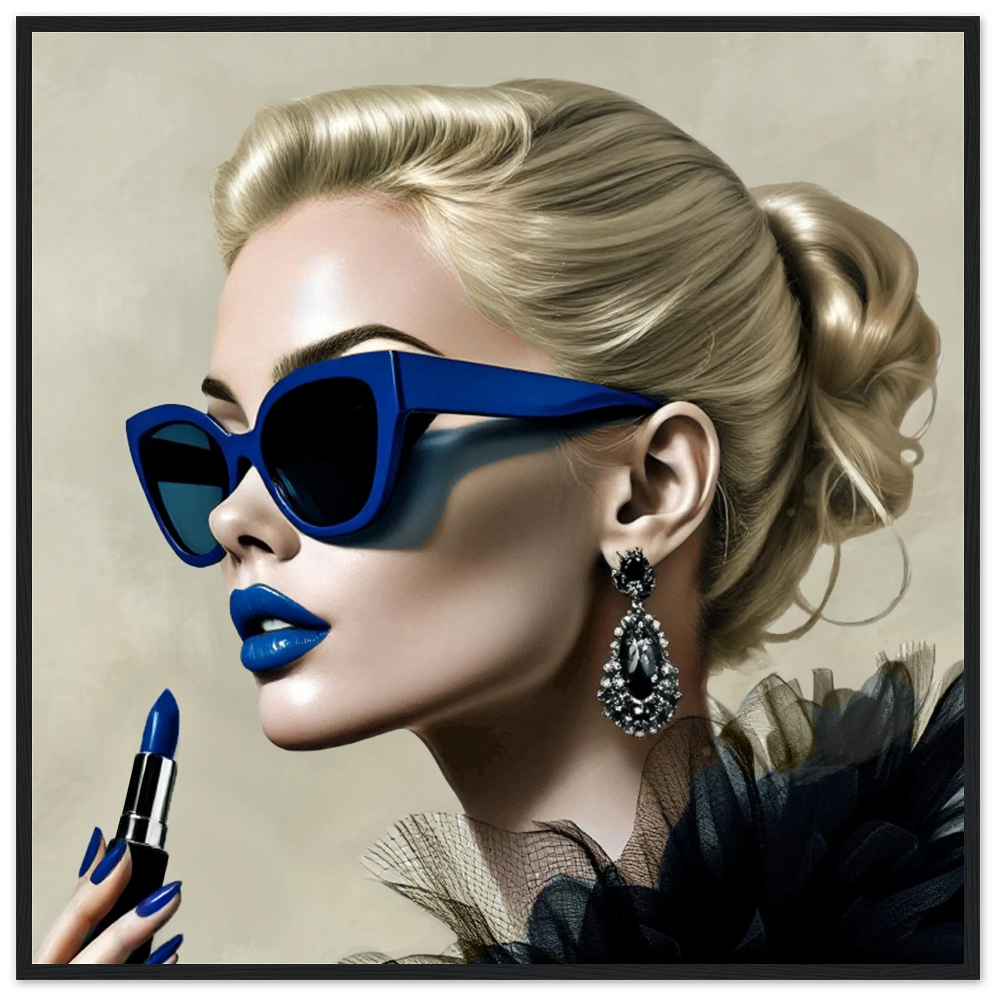 Retro Fashion Model Blue Lipstick Art Print 70x70 cm 28x28″ Classic Matte Paper Wooden Framed Poster