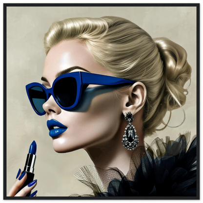 Retro Fashion Model Blue Lipstick Art Print 70x70 cm 28x28″ Classic Matte Paper Wooden Framed Poster