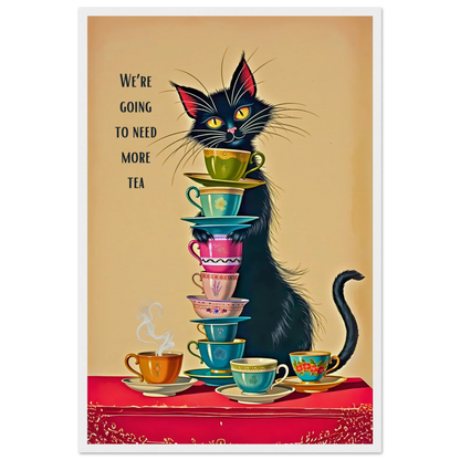 Quirky Cat Funny Tea Art Print 40x60 cm 16x24″ Museum-Quality Matte Paper Wooden Framed Poster White Wood Frame