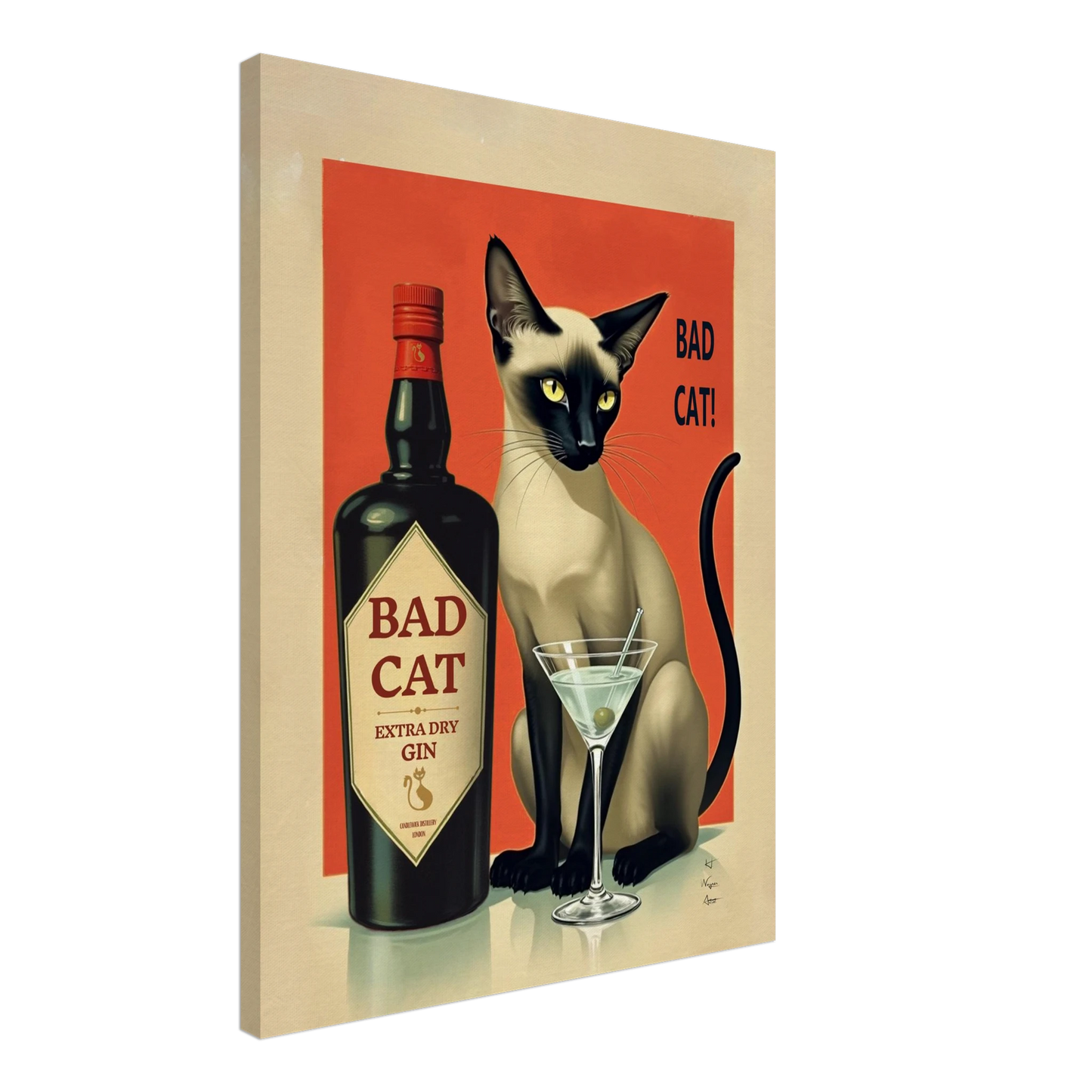 Siamese Cat Gin Martini Cocktail Art Print 60x80 cm 24x32″ Gallery Wrapped Canvas No Frame