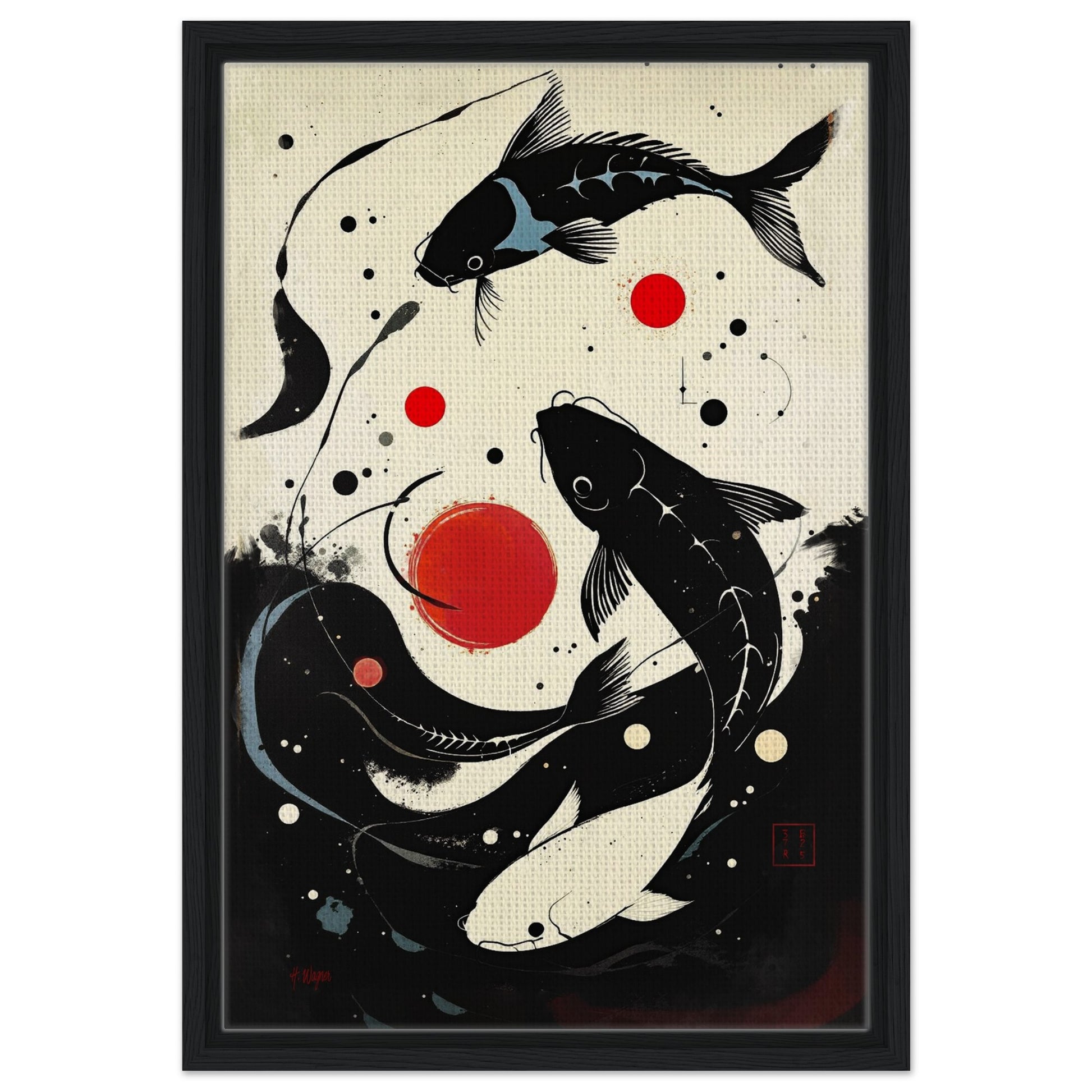 Mid-Century Modern Koi Fish Art Poster Print – Framed Abstract Black White Wall Décor 40x60 cm 16x24″ Framed Canvas Black Wood Frame