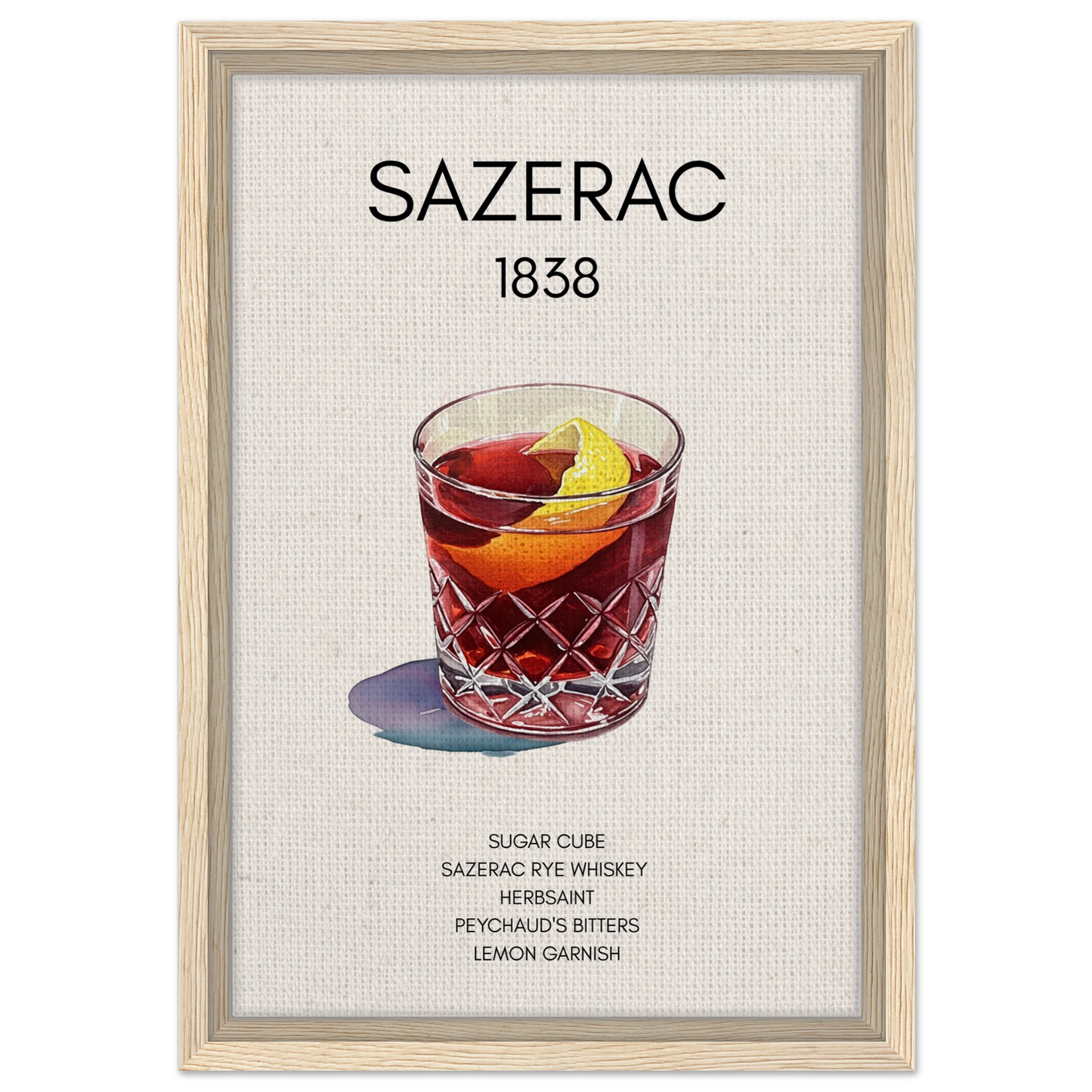 Sazerac Cocktail Bar Poster Print Light Wood Frame 30x45 cm 12x18″ Framed Canvas