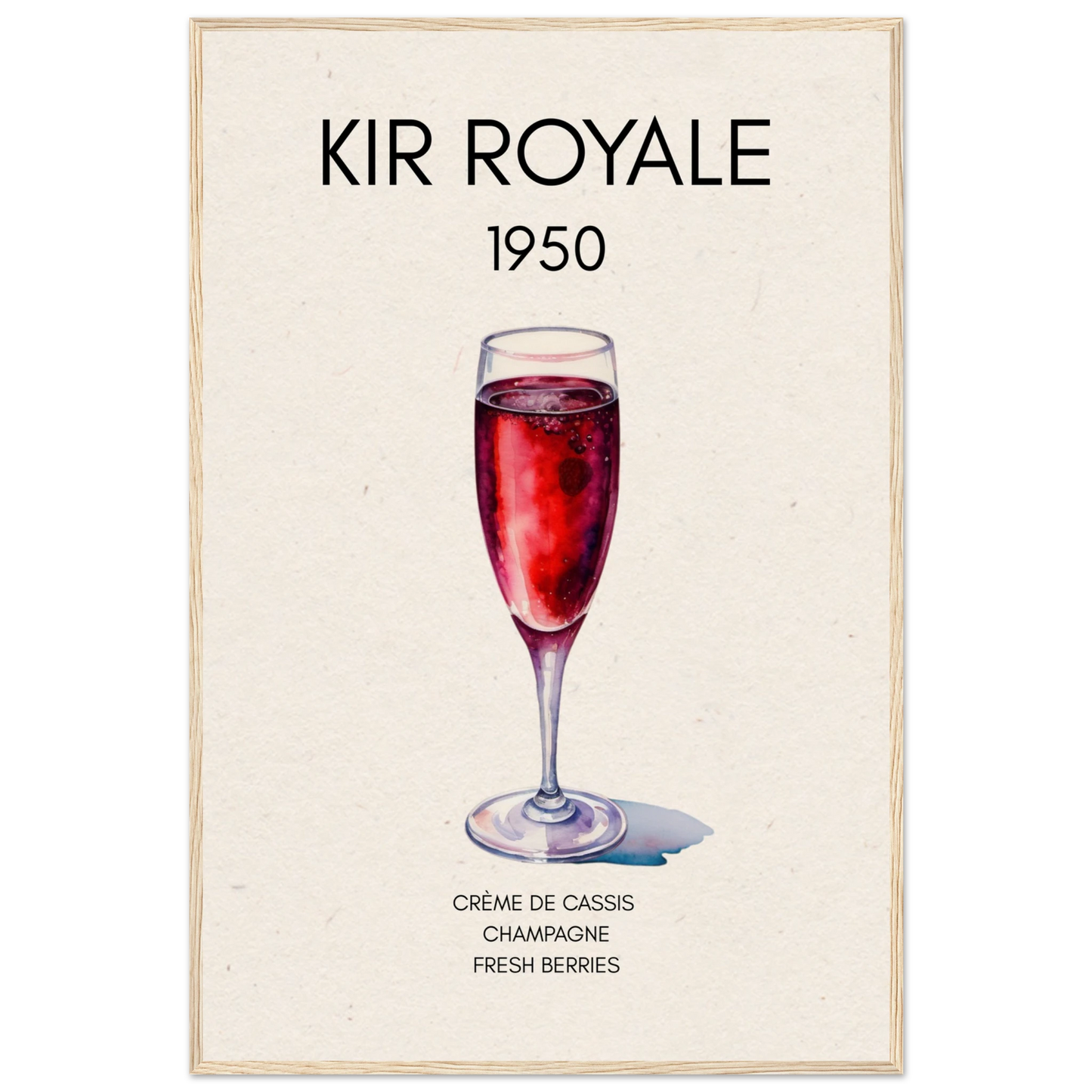 Kir Royale Champagne Cocktail Bar Poster Print Light Wood Frame 60x90 cm 24x36″ Museum-Quality Matte Paper Wooden Framed Poster