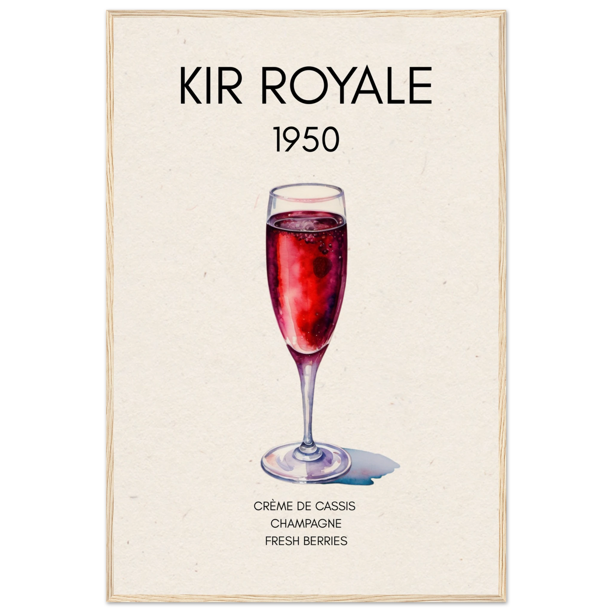 Kir Royale Champagne Cocktail Bar Art Print Light Wood Frame 60x90 cm 24x36″ Museum-Quality Matte Paper Wooden Framed Poster