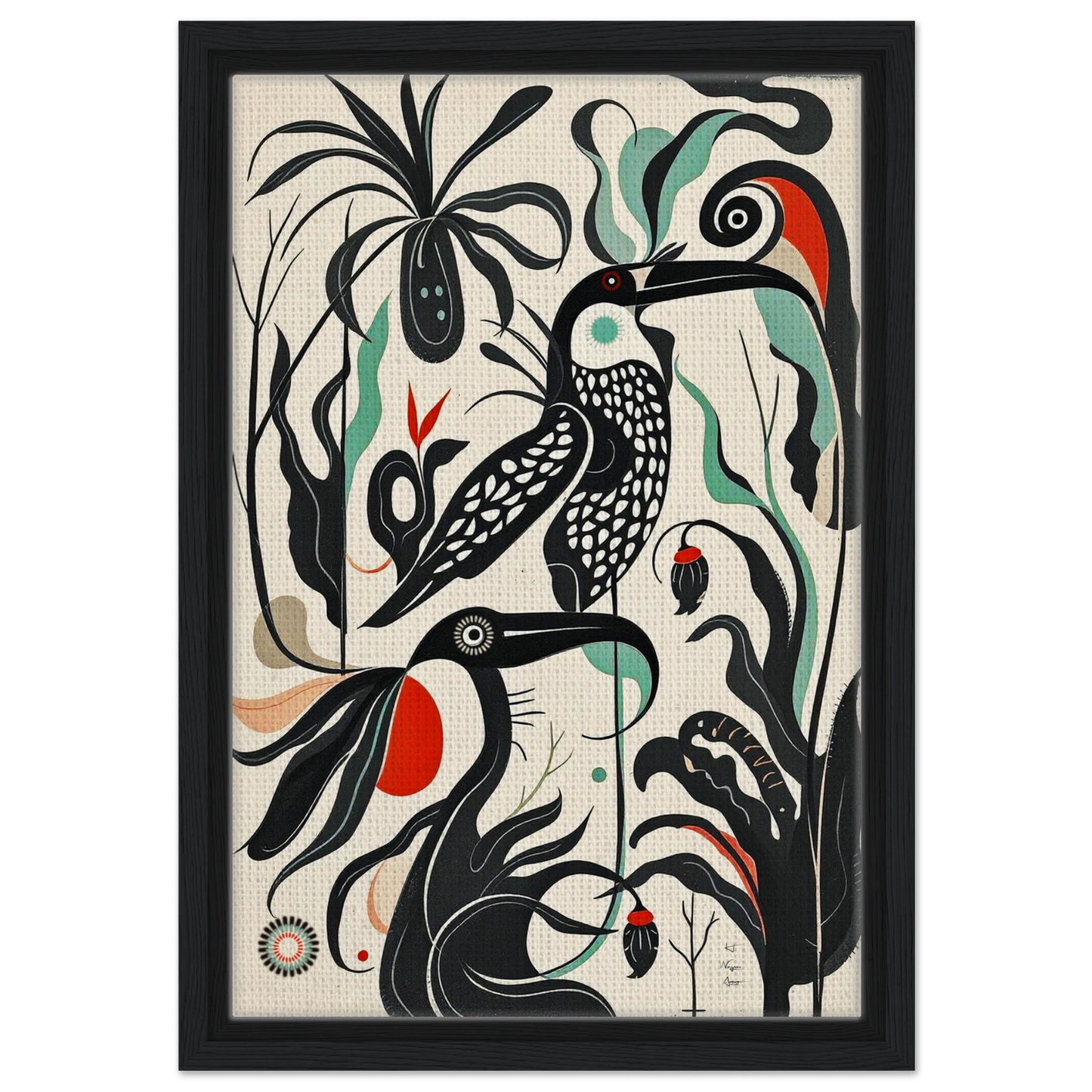 Mid-Century Modern Tropical Bird Art Print Black Wood Frame 30x45 cm 12x18″ Framed Canvas