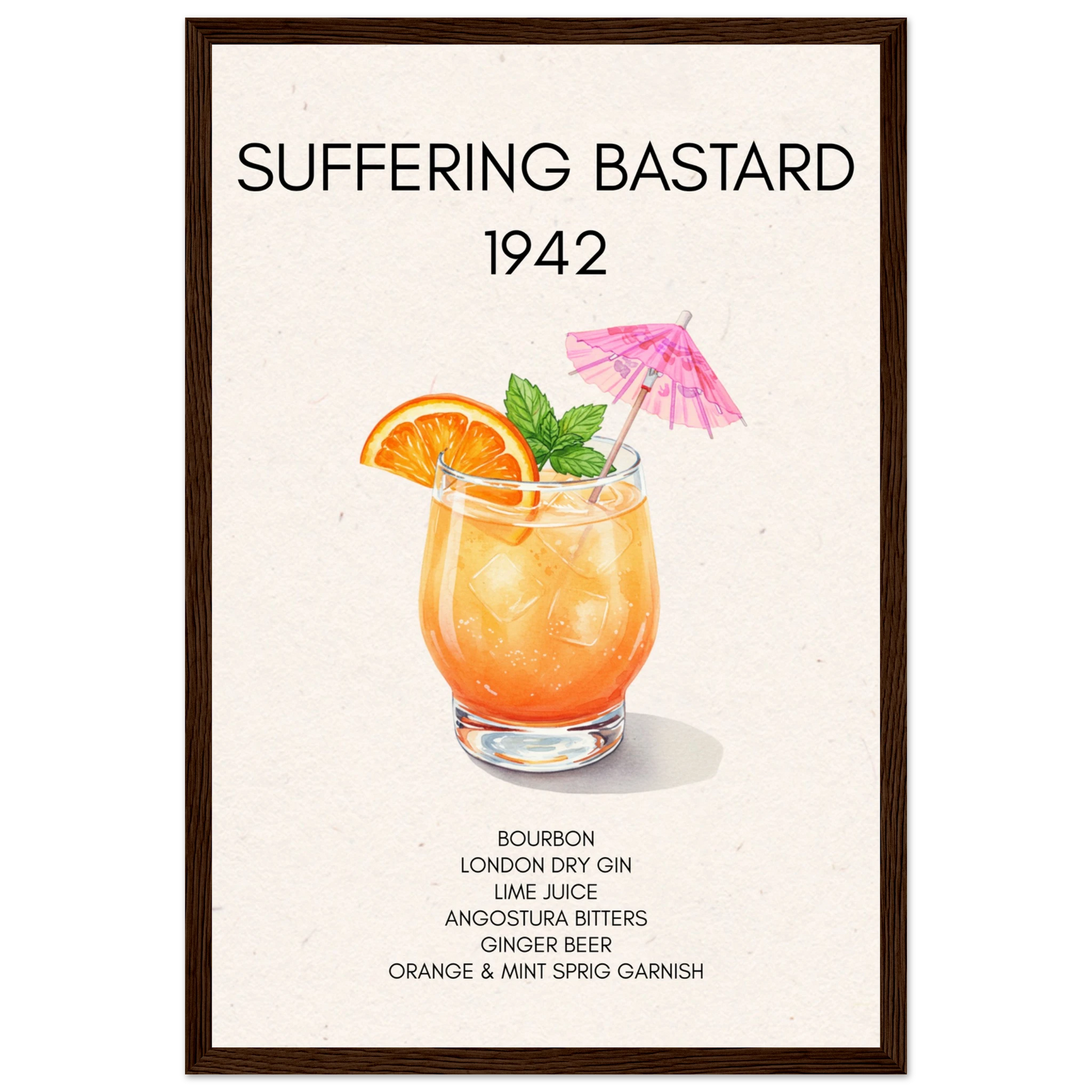 Suffering Bastard Tiki Cocktail Bar Poster Print Dark Brown Wood Frame 30x45 cm 12x18″ Classic Matte Paper Wooden Framed Poster
