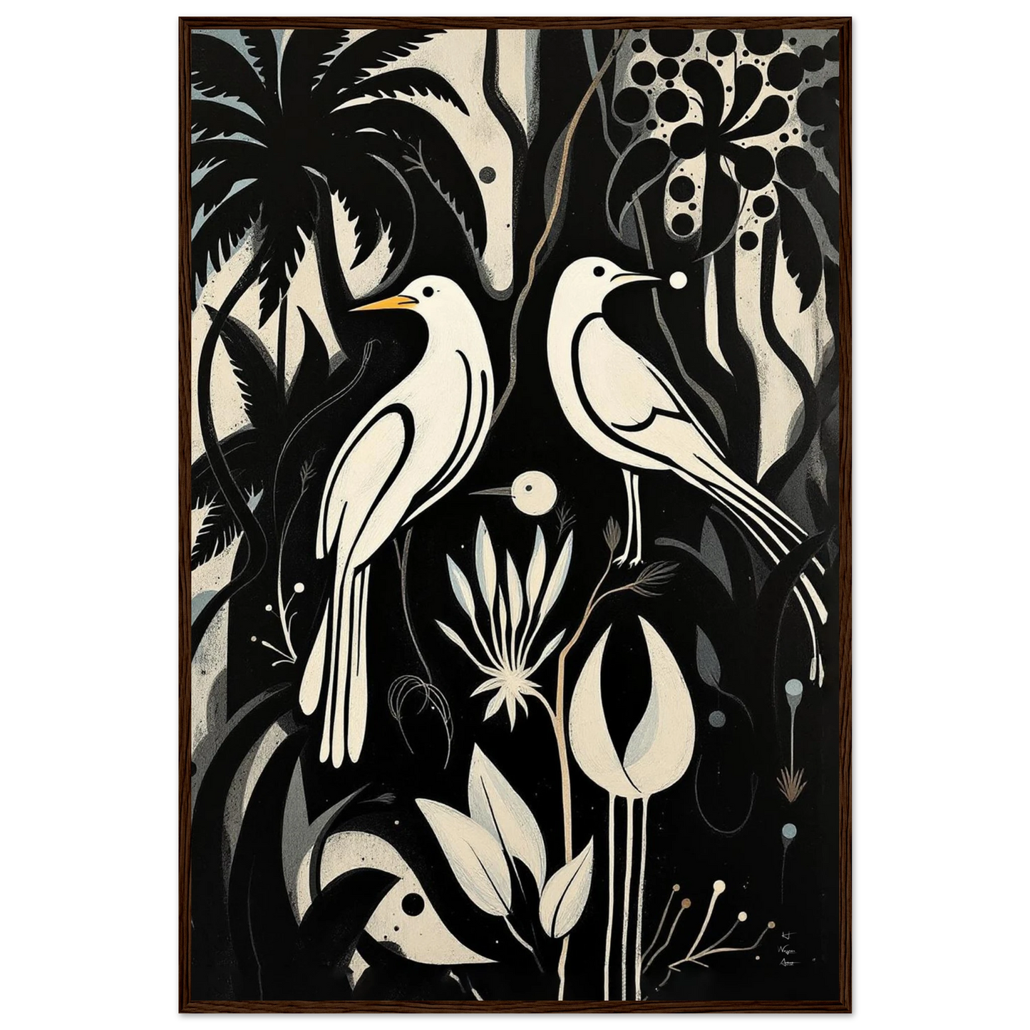 Black & White Minimalist Bird Art Print Dark Brown Wood Frame 60x90 cm 24x36″ Premium Matte Paper Wooden Framed Poster