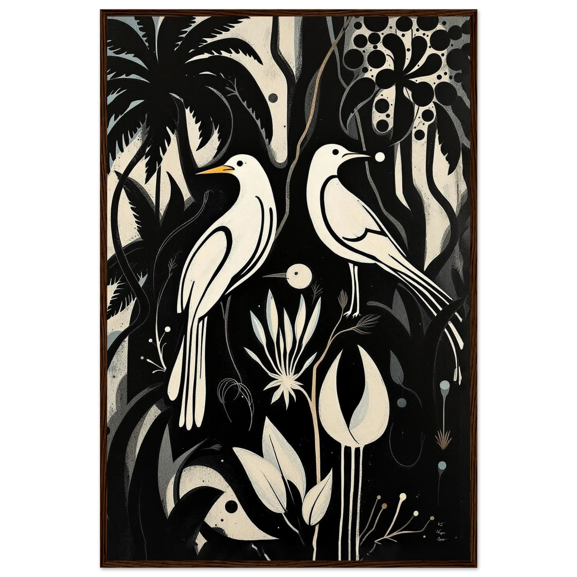 Black & White Minimalist Bird Art Print Dark Brown Wood Frame 60x90 cm 24x36″ Premium Matte Paper Wooden Framed Poster
