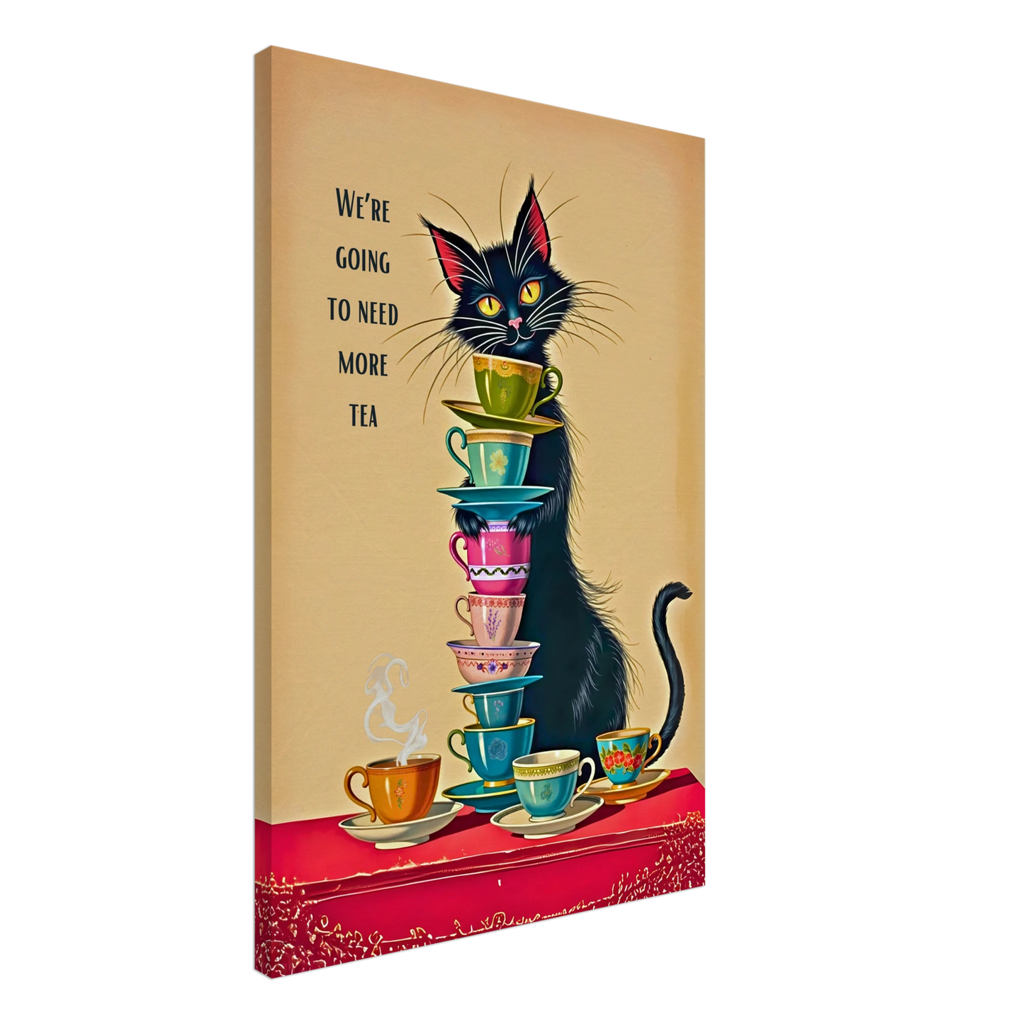 Quirky Cat Funny Tea Art Print 60x90 cm 24x36″ Gallery Wrapped Canvas No Frame