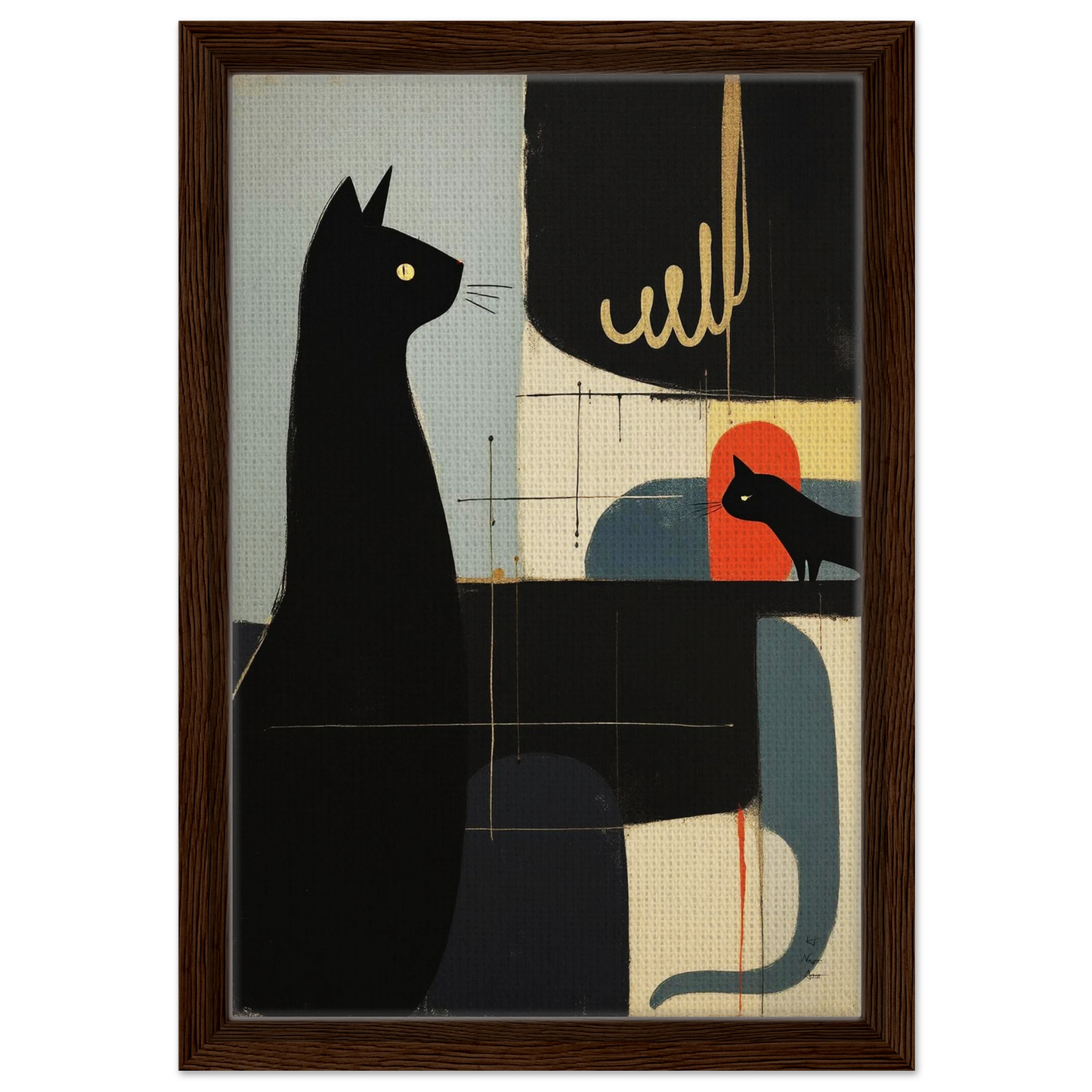Abstract Cat & Kitten Modern Art Print Dark Brown Wood Frame 30x45 cm 12x18″ Framed Canvas