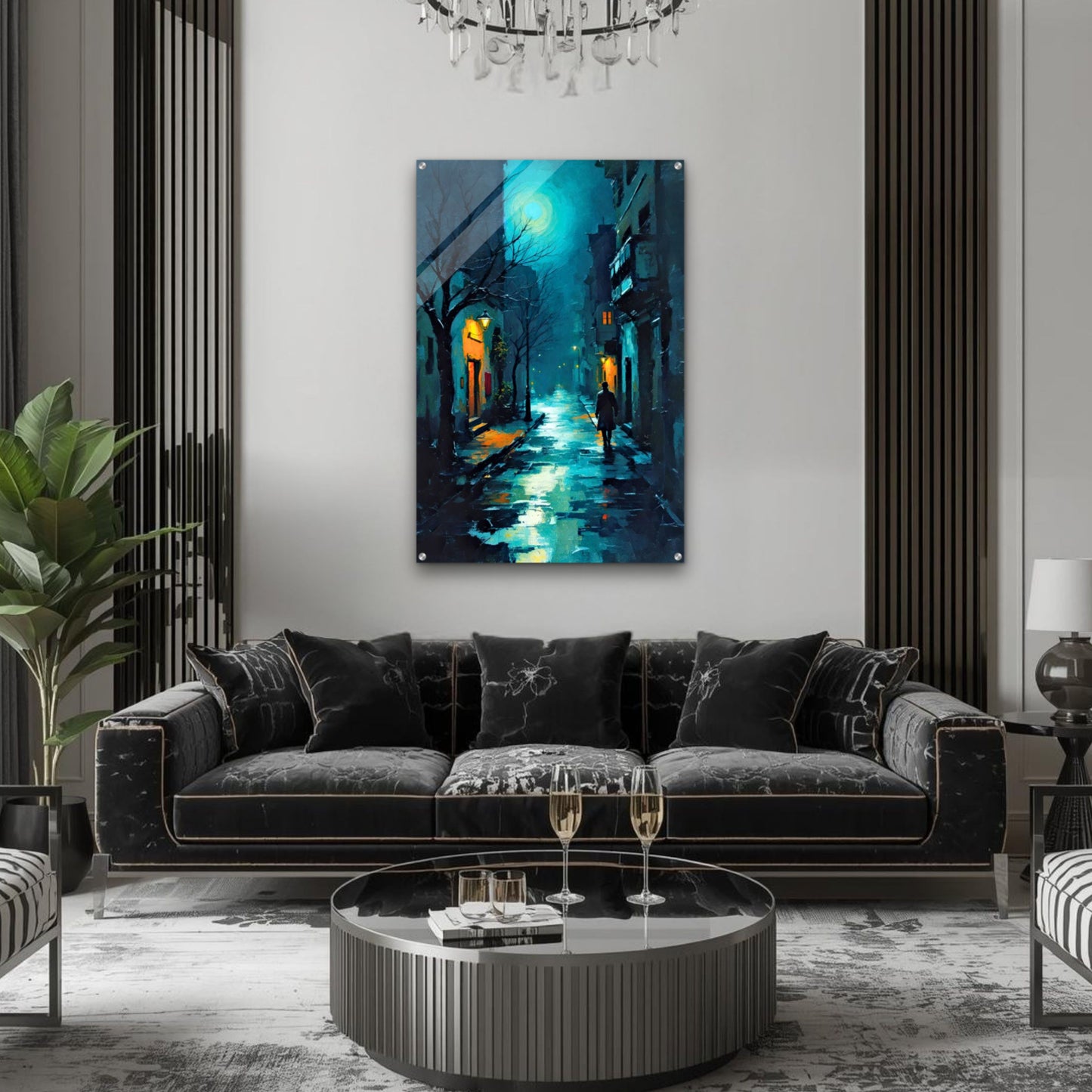 Blue Moon Night Street Scene Art Print