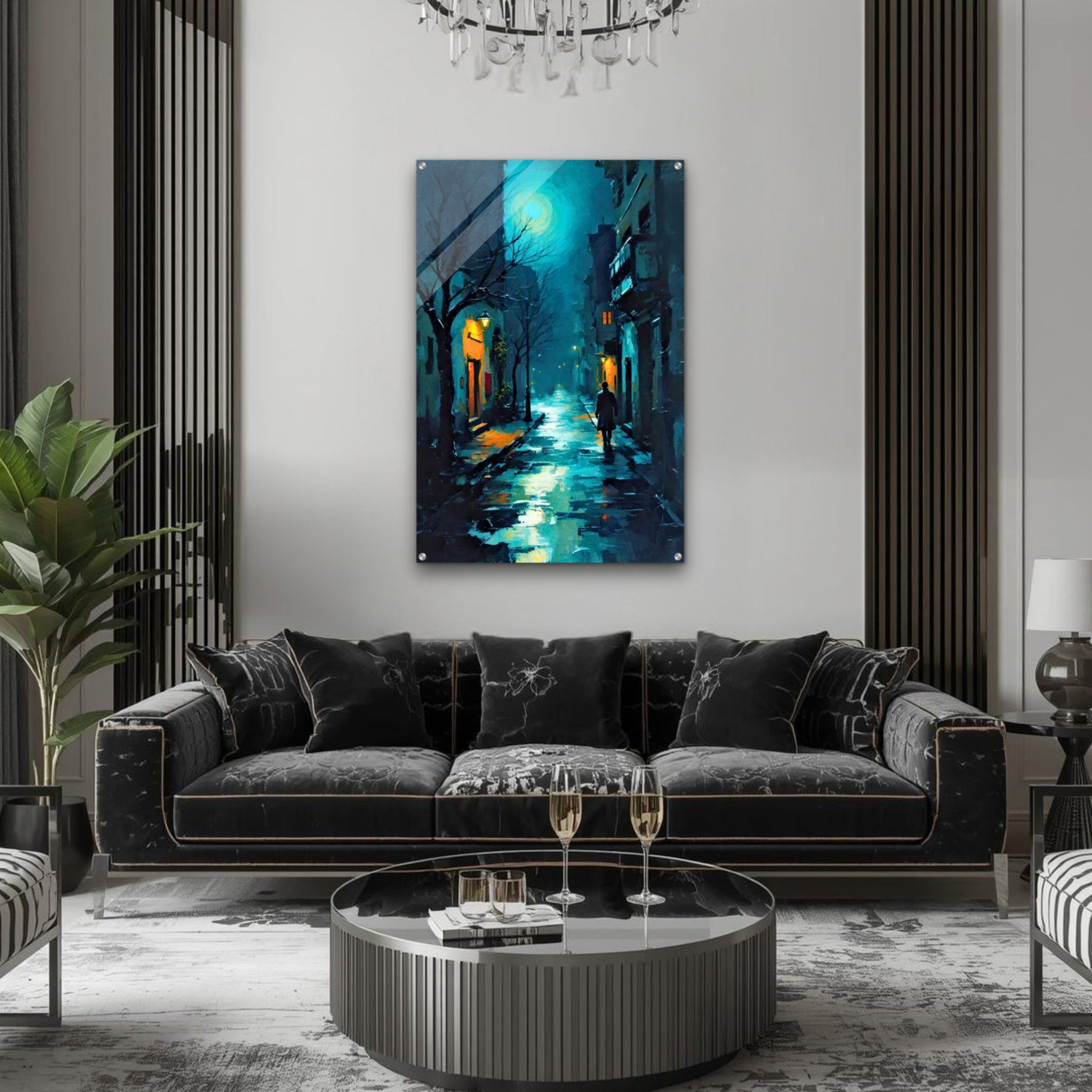 Blue Moon Night Street Scene Art Print