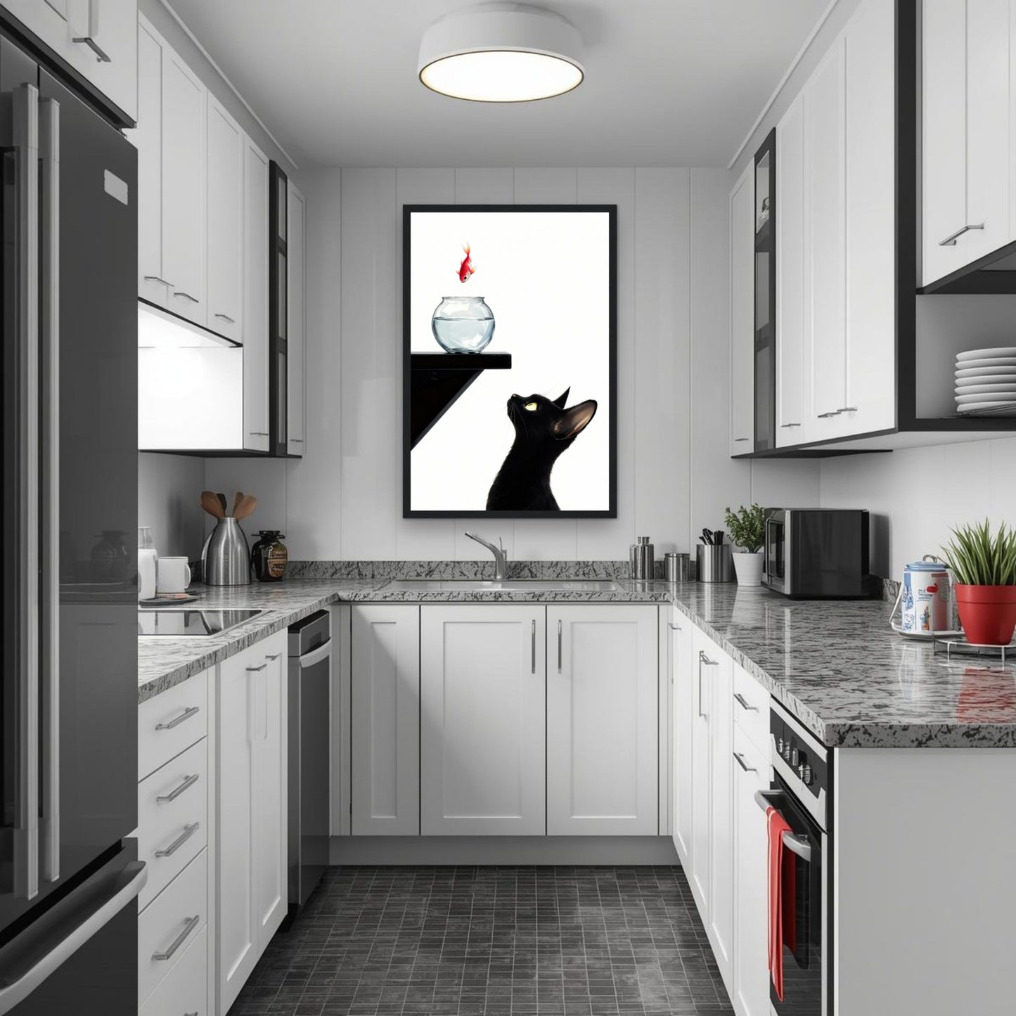 Curious Black Cat Goldfish Minimalist Art Print