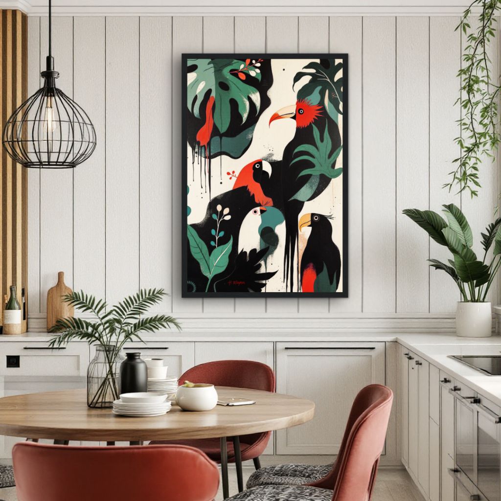 Mid-Century Modern Exotic Bird Art Poster Print - Framed Tropical Parrot Wall Décor