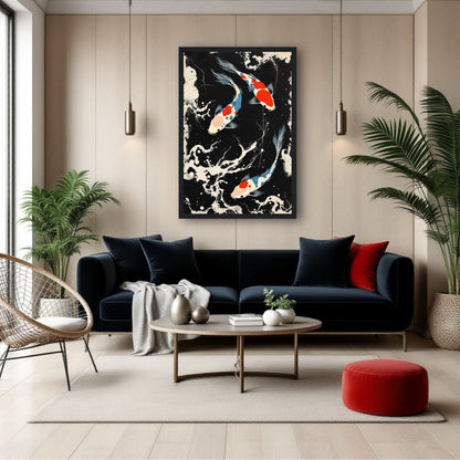 Mid-Century Modern Koi Fish Art Poster Print – Framed Abstract Black White Wall Décor