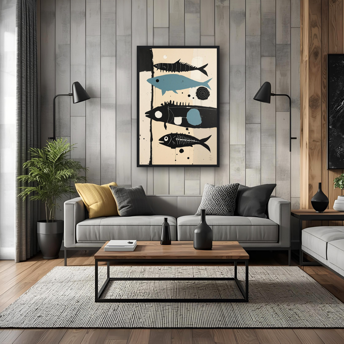 Mid-Century Modern Fish Art Poster Print – Framed Abstract Neutral Wall Decor