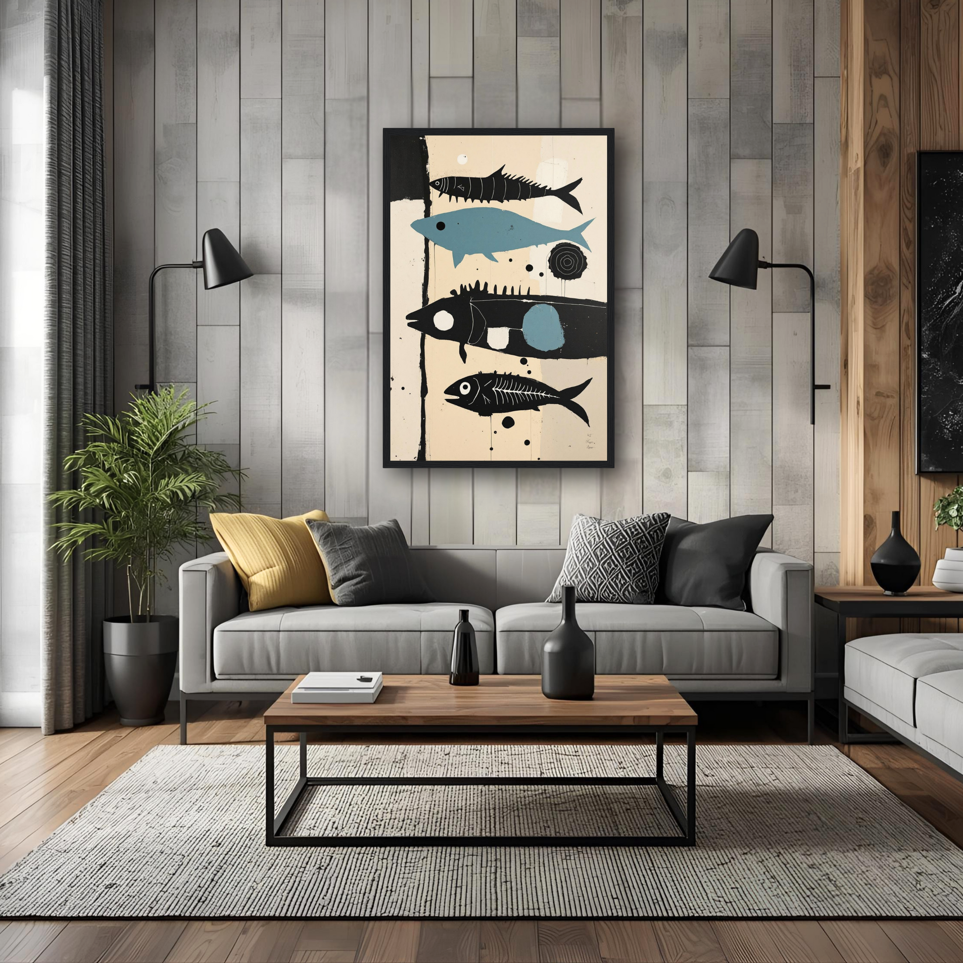 Mid-Century Modern Fish Art Poster Print – Framed Abstract Neutral Wall Decor