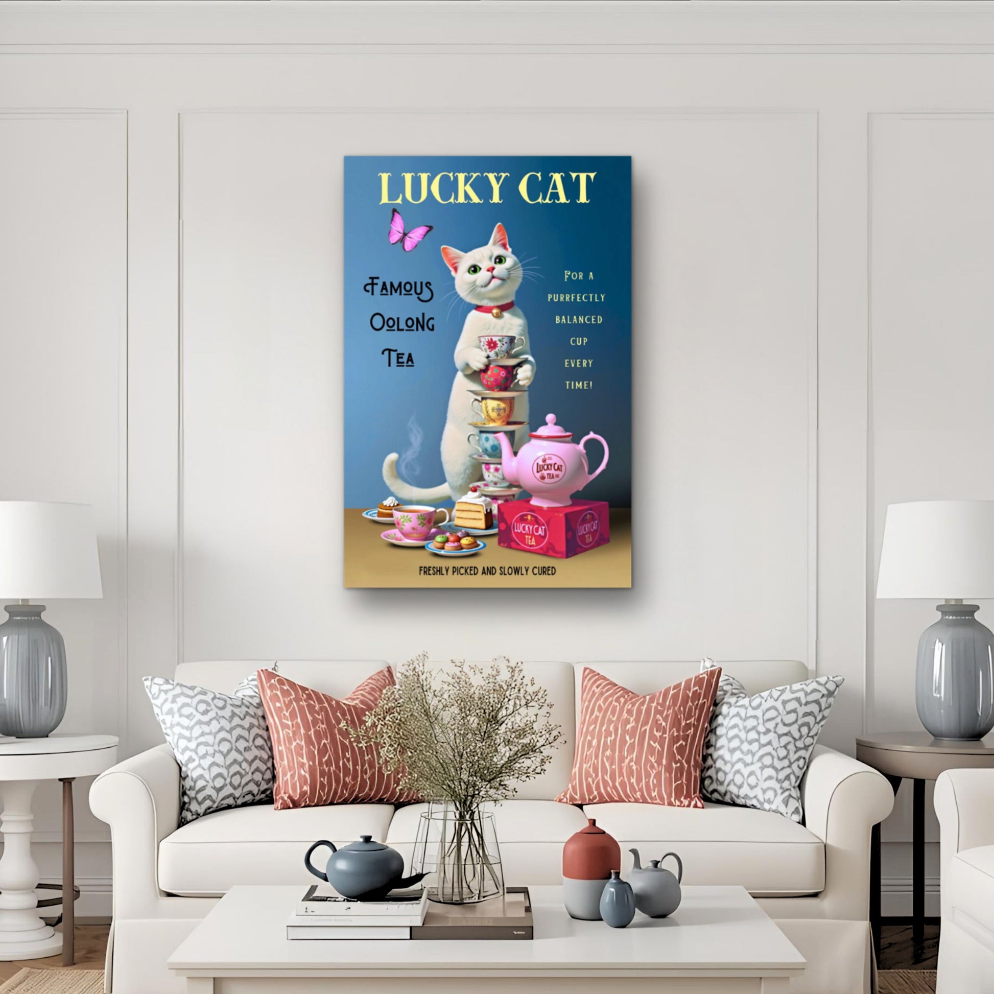 White Lucky Cat Tea Vintage Fine Art Print