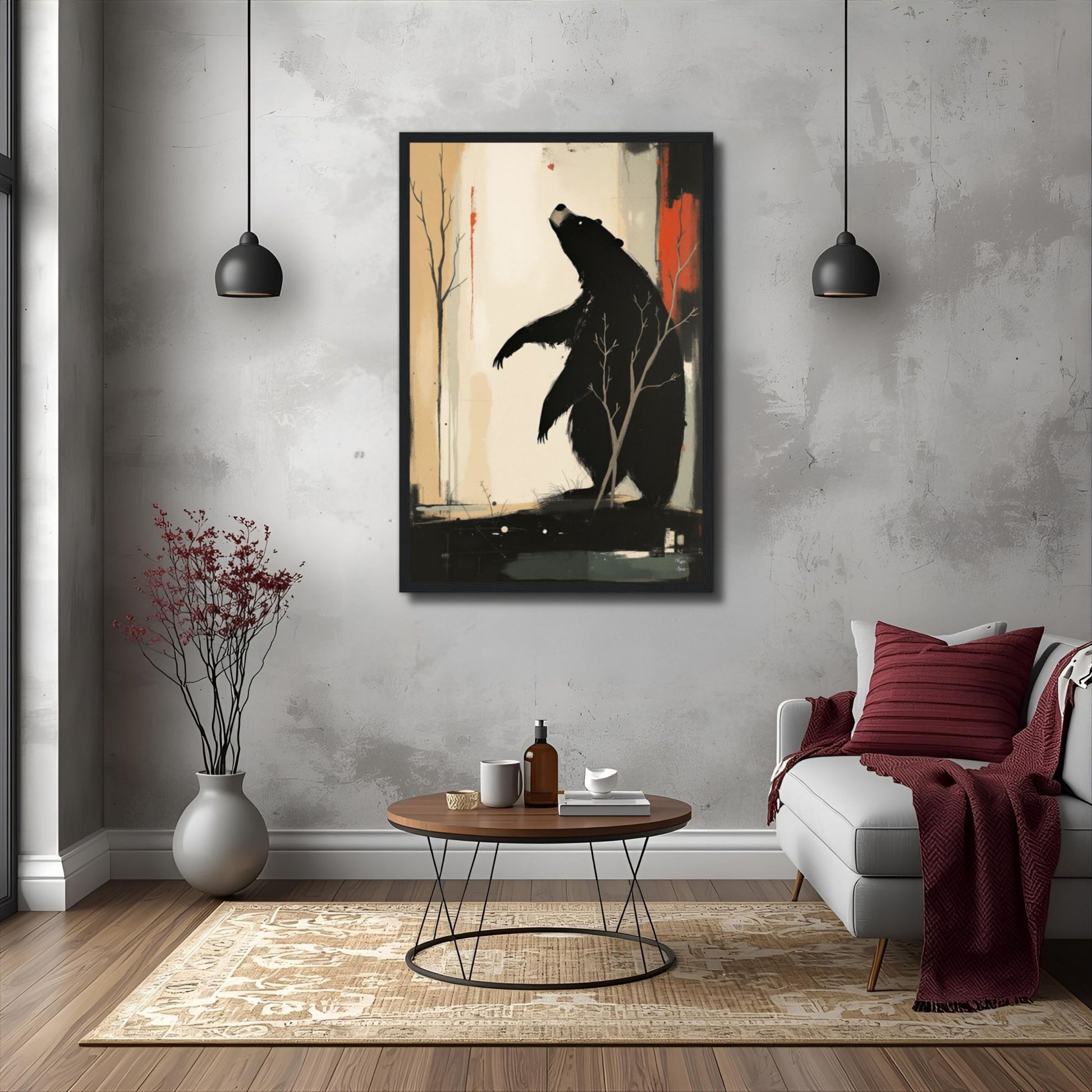 Abstract Bear Wildlife Art Print 20x30 cm 8x12″ Framed Canvas Light Wood Frame