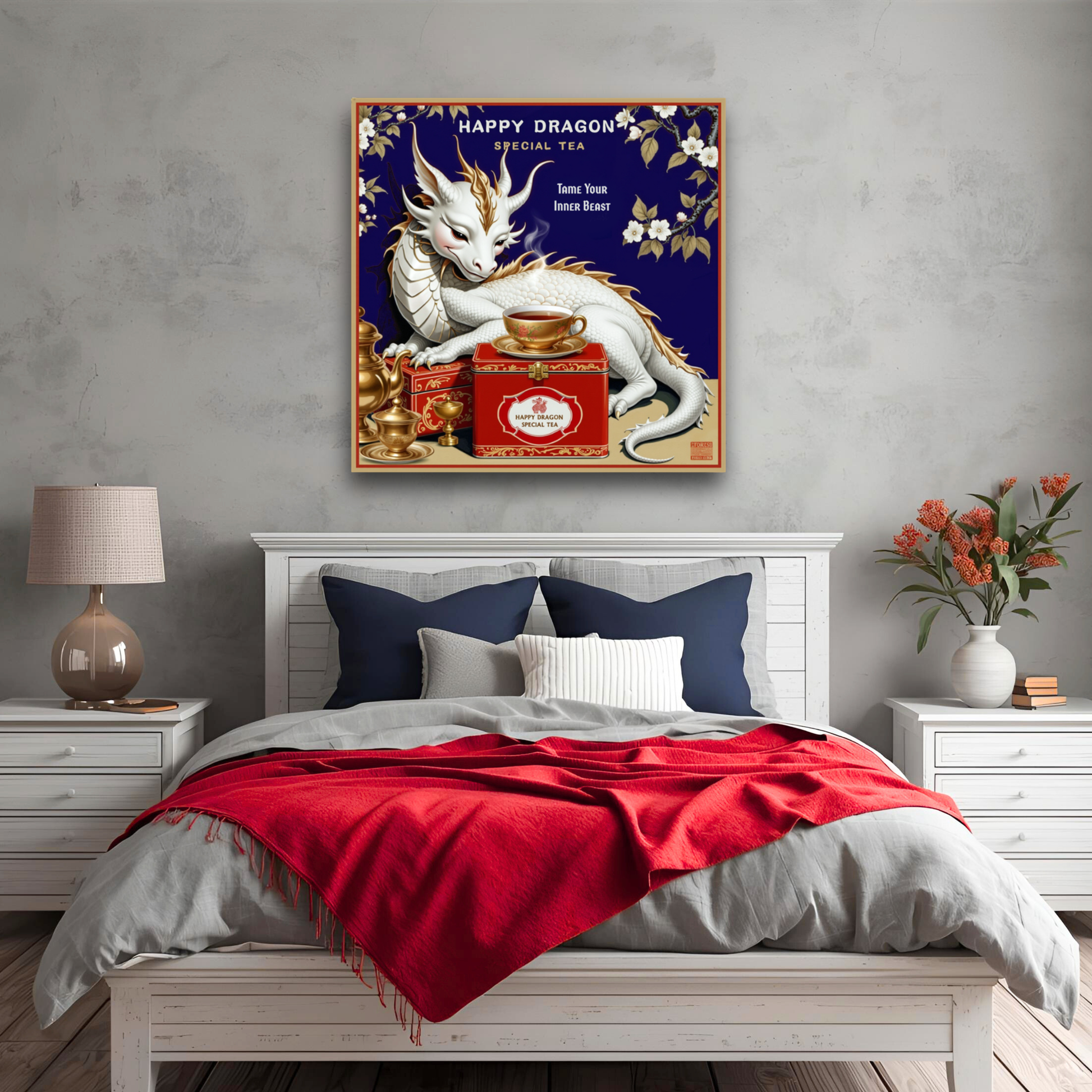 Happy Dragon Tea Art Print 50x50 cm 20x20″ Premium Matte Paper Wooden Framed Poster Black Wood Frame