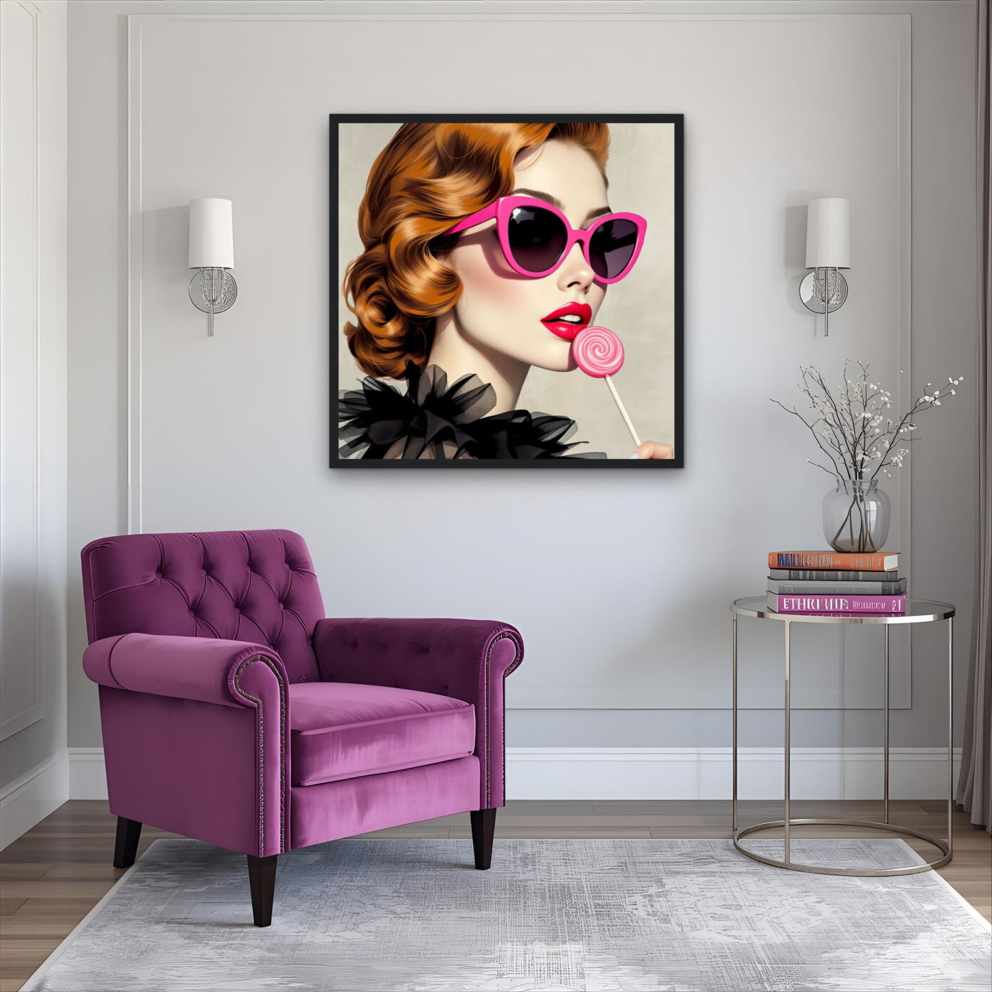 Retro Glam Fashion Model Lollipop Art Print Gallery Wrapped Canvas 30x30 cm 12x12″