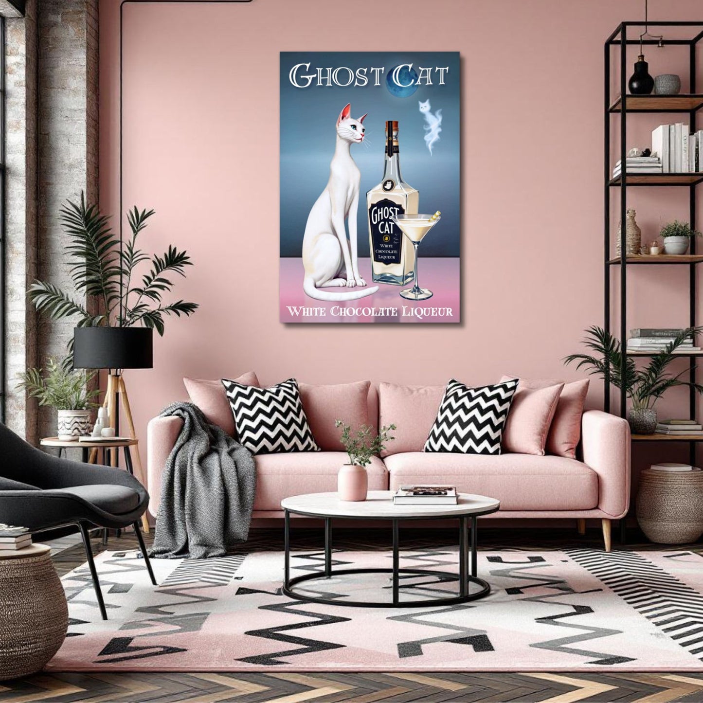 White Cat Martini Cocktail Bar Art Print 60x90 cm 24x36″ Classic Matte Paper Wooden Framed Poster Black Wood frame