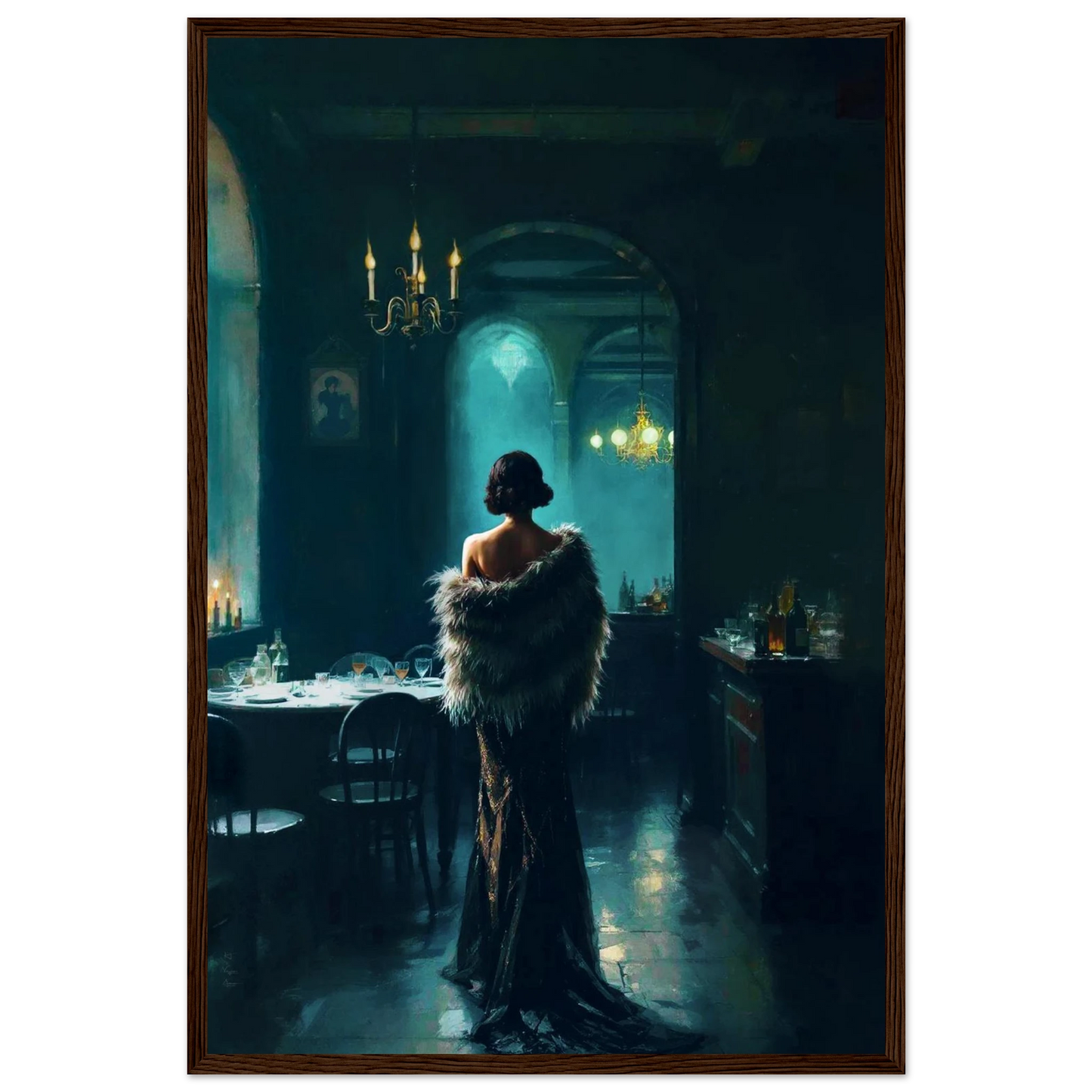 Moody Speakeasy Flapper Bar Art Print Dark Brown Wood Frame 40x60 cm 16x24″ Premium Matte Framed Poster