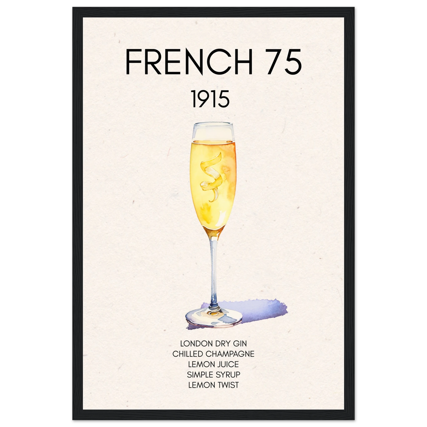 French 75 Cocktail Art Print Black Wood Frame 30x45 cm 12x18″ Classic Matte Paper Wooden Framed Poster