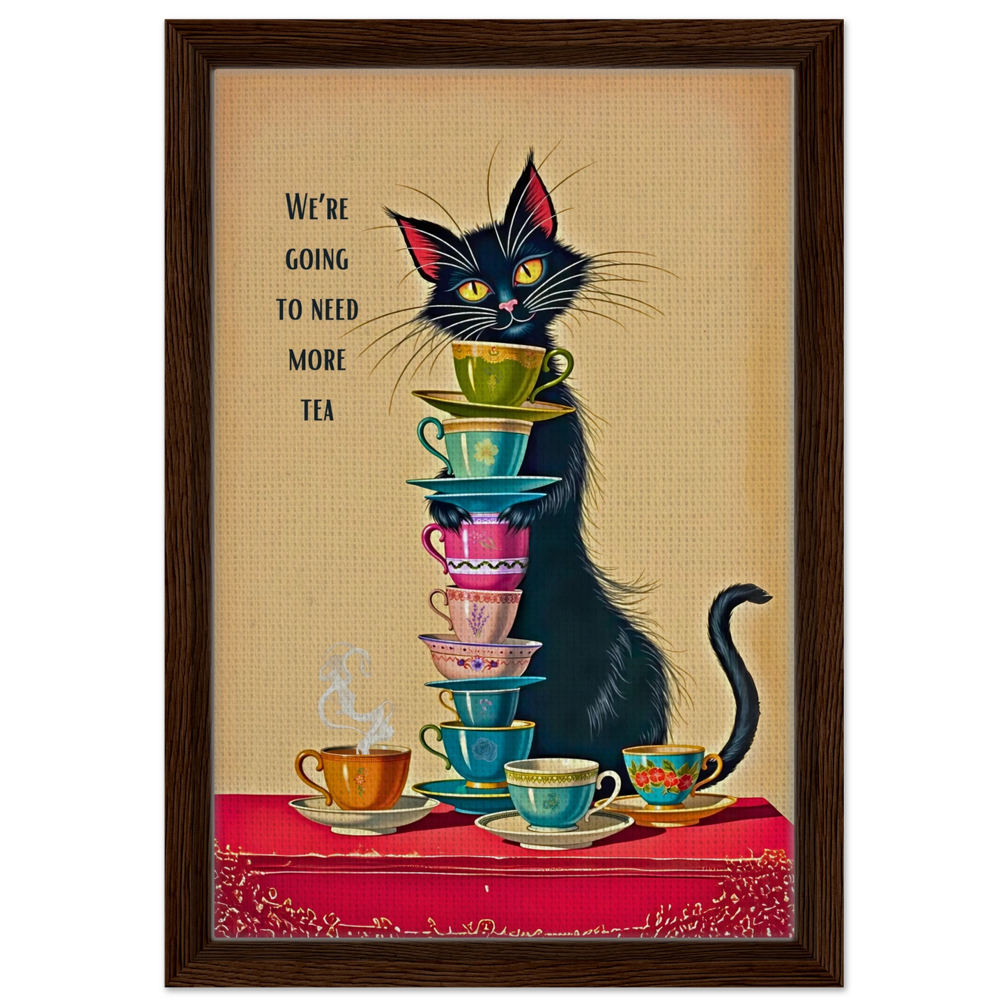 Quirky Cat Funny Tea Art Print 30x45 cm 12x18″ Framed Canvas Dark Brown Wood Frame