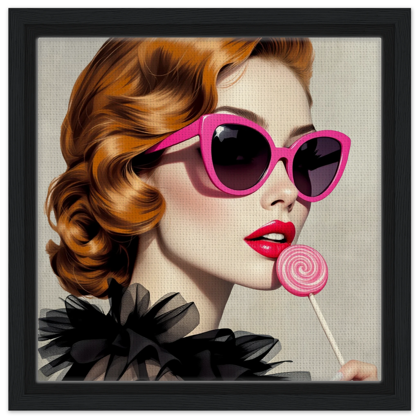 Retro Glam Fashion Model Lollipop Art Print Framed Canvas 30x30 cm 12x12″