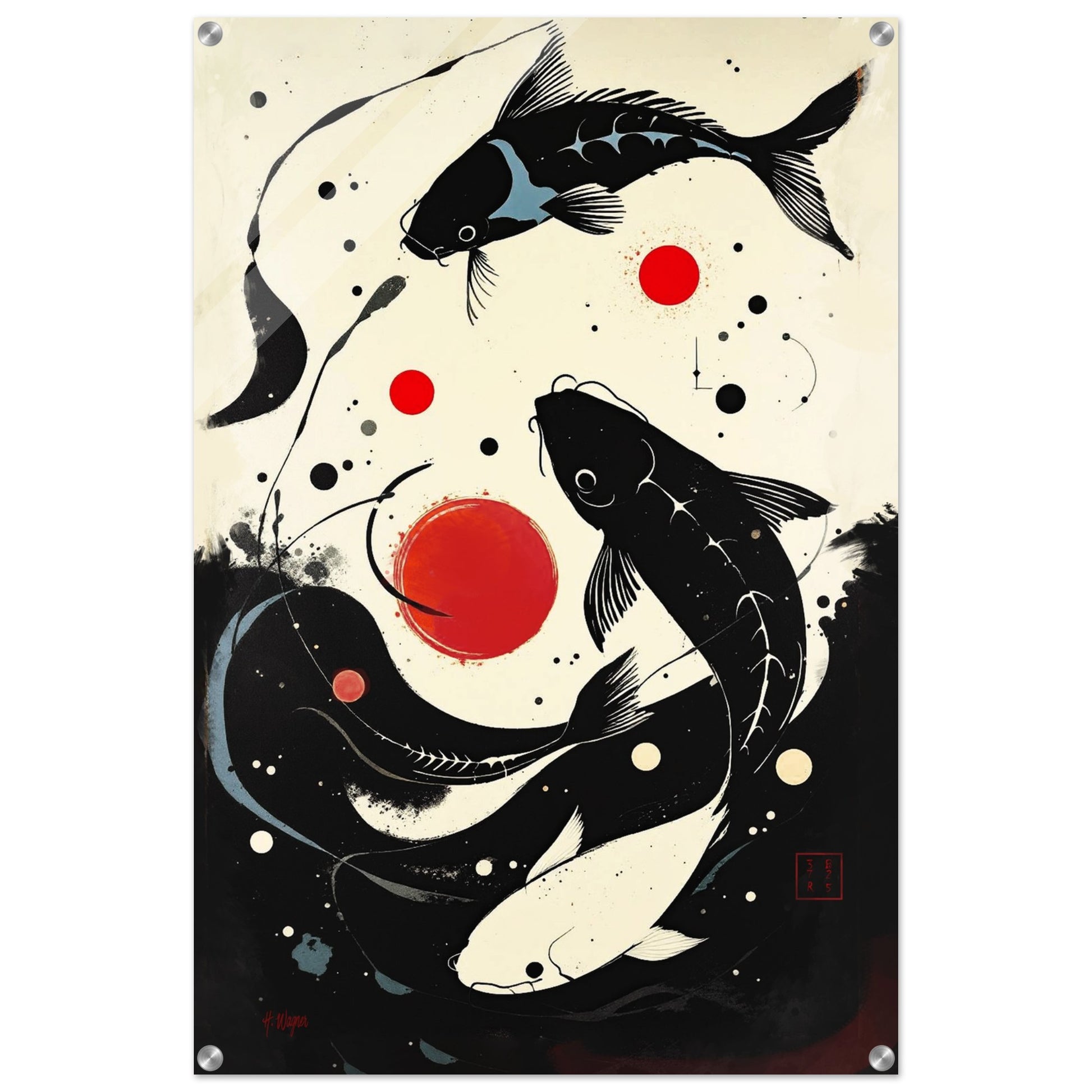 Mid-Century Modern Koi Fish Art Poster Print – Framed Abstract Black White Wall Décor 30x45 cm 12x18″ Framed Canvas Light Wood Frame
