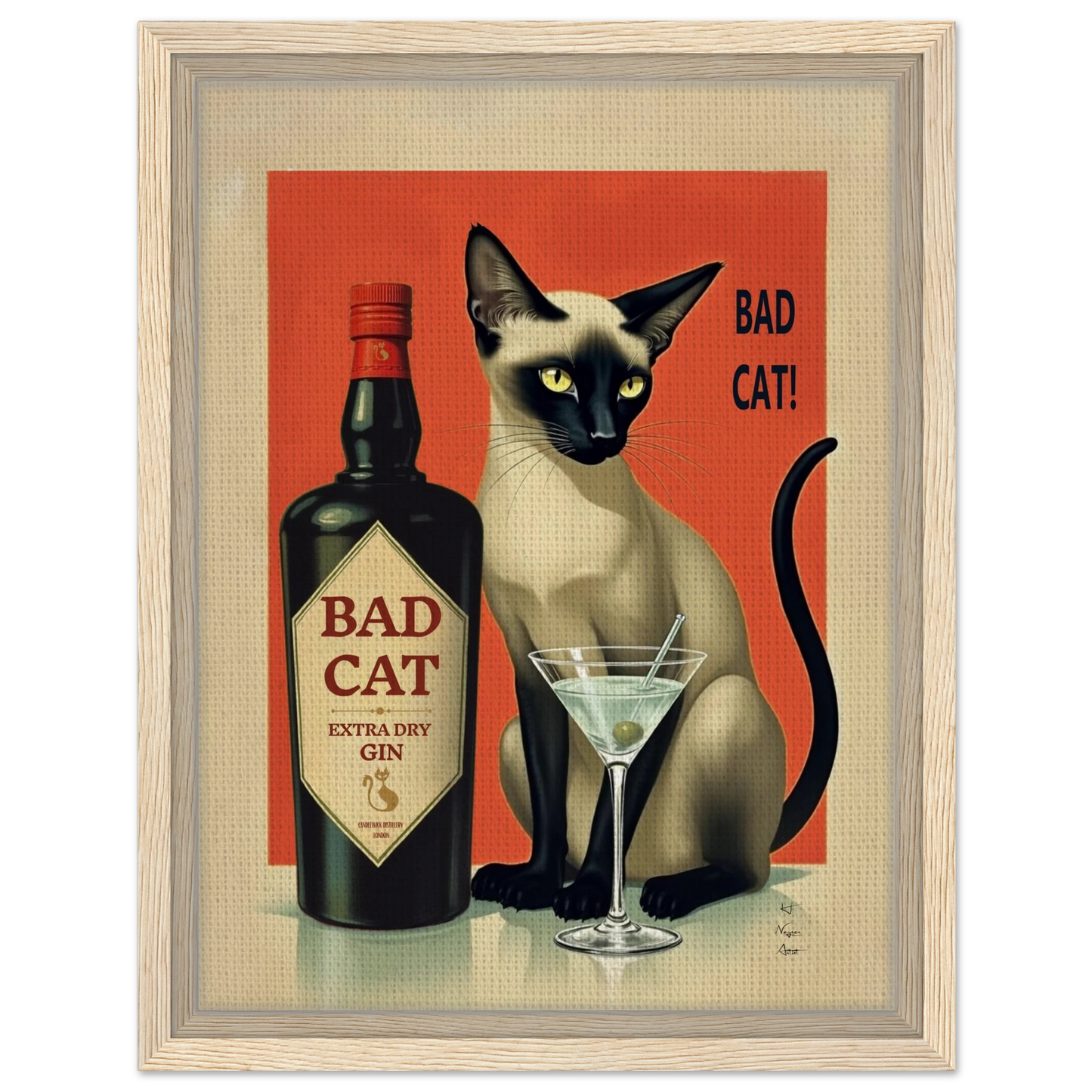 Siamese Cat Gin Martini Cocktail Art Print 30x40 cm 12x16″ Framed Canvas Light Wood Frame