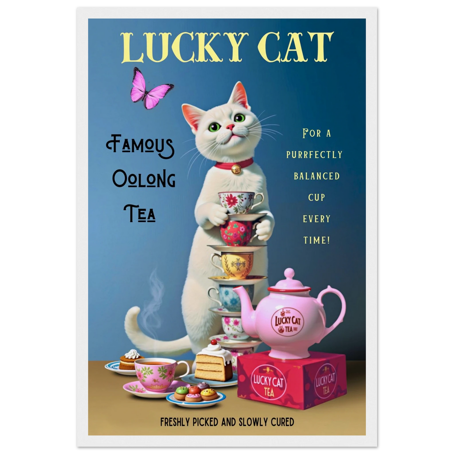 White Lucky Cat Tea Vintage Fine Art Print White Wood Frame 30x45 cm 12x18″ Museum-Quality Matte Paper Wooden Framed Poster