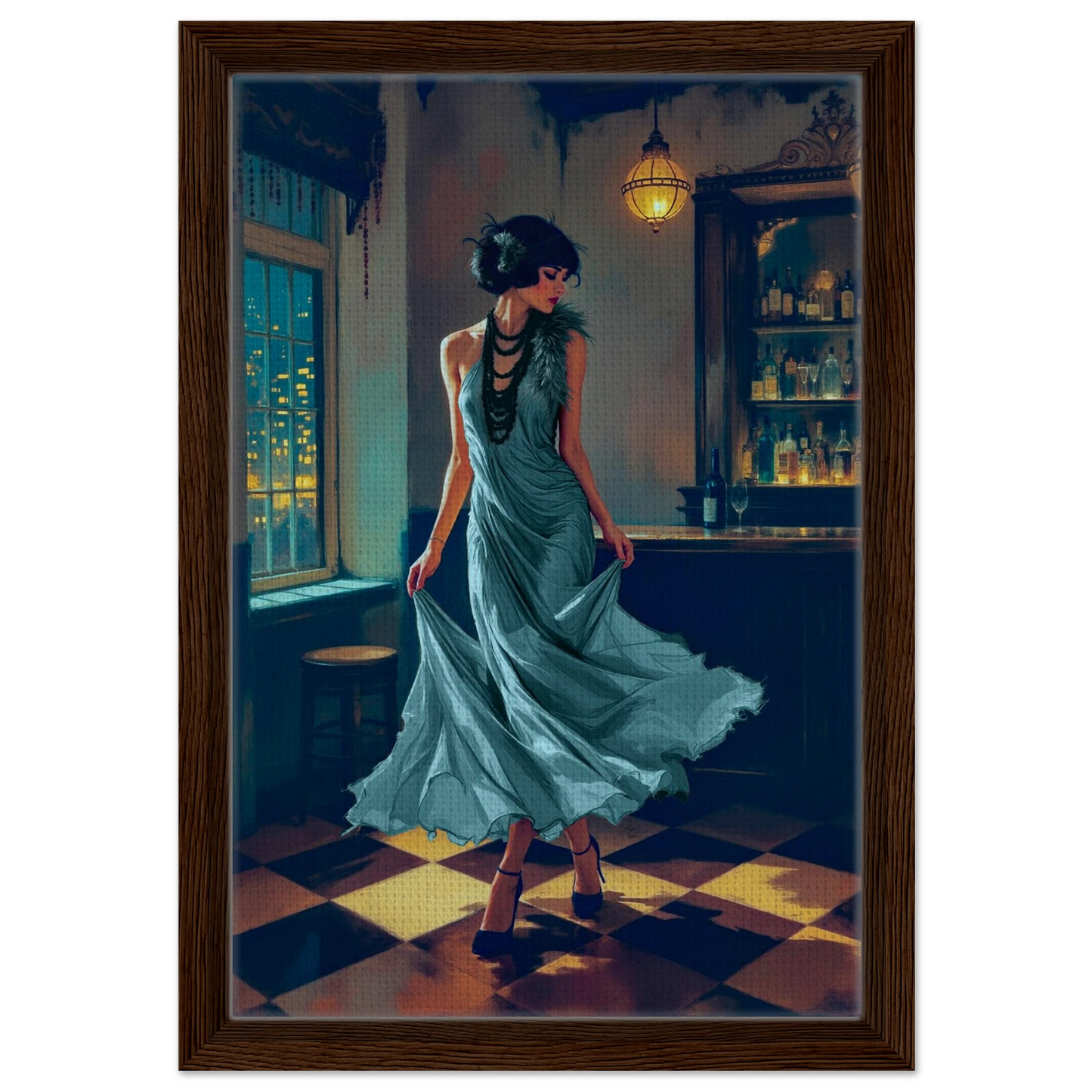 1920s Flapper Speakeasy Art Print 30x45 cm 12x18″ Framed Canvas Dark Brown Wood Frame