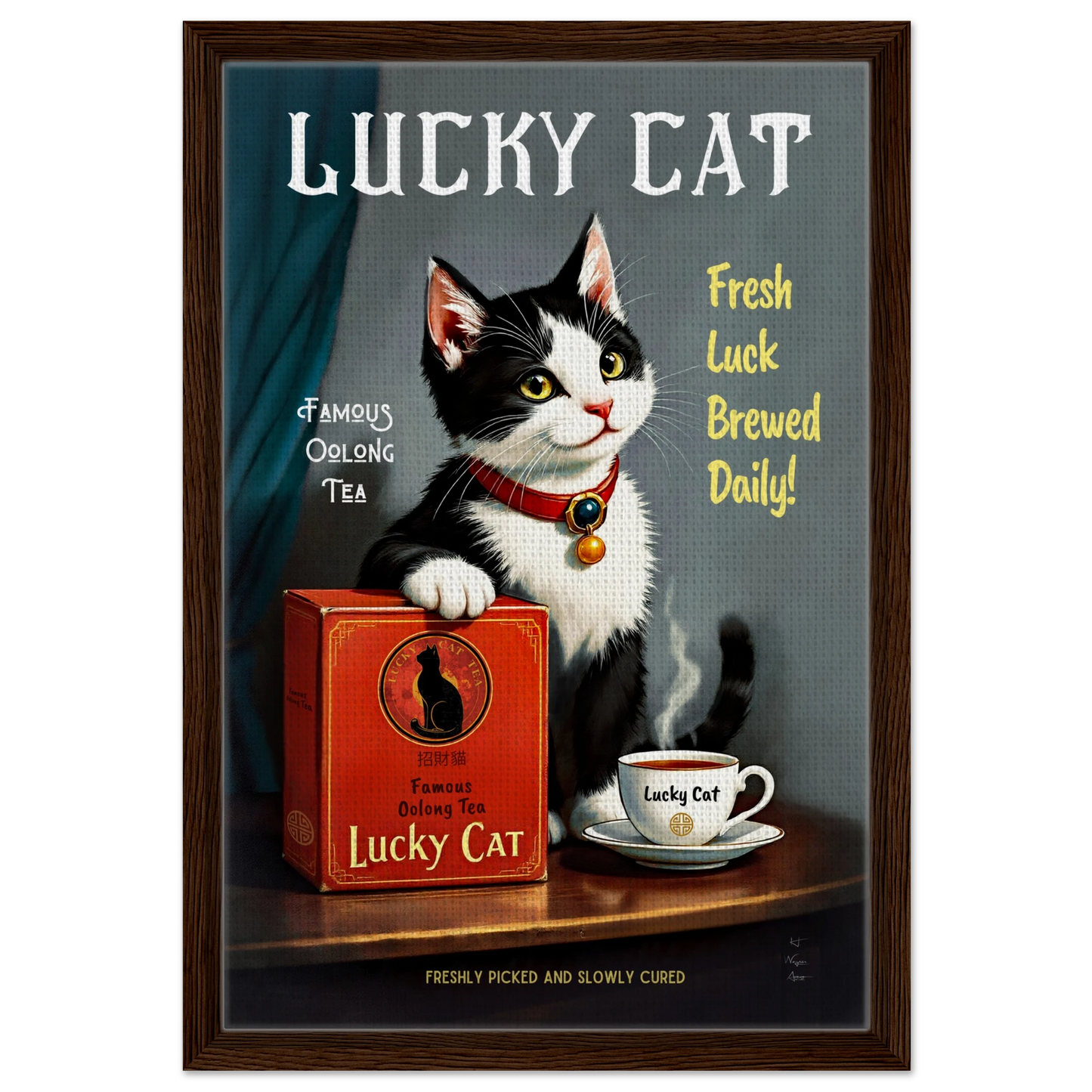 Lucky Tuxedo Cat Tea Kitchen Art Print 40x60 cm 16x24″ Framed Canvas Dark Brown Wood Frame