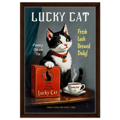 Lucky Tuxedo Cat Tea Kitchen Art Print 40x60 cm 16x24″ Framed Canvas Dark Brown Wood Frame