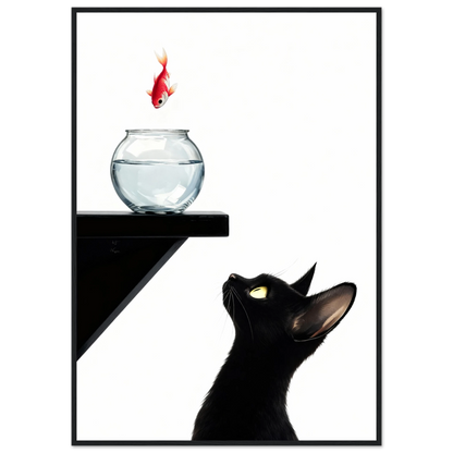 Curious Black Cat Goldfish Minimalist Art Print 30x45 cm 12x18″ Sleek Acrylic Print